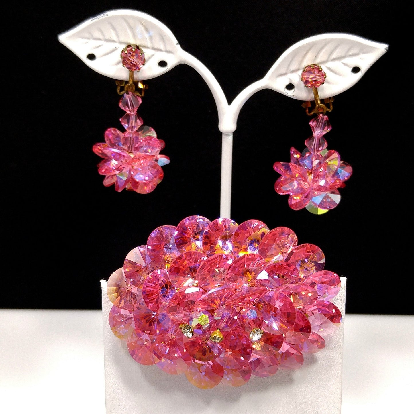Pink Flat Crystal Brooch & Earrings, Aurora Borealis, 1960s Vintage Jewelry