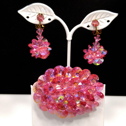 Pink Flat Crystal Brooch & Earrings, Aurora Borealis, 1960s Vintage Jewelry
