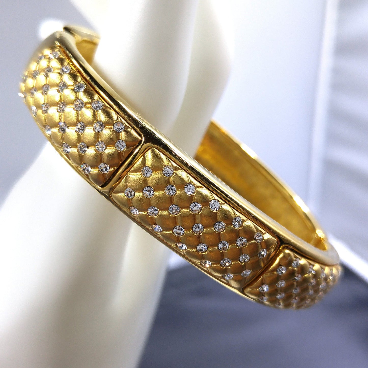 Vintage Swarovski Gold Plated Hinged Cuff Bracelet Clear Rhinestones Swan Logo