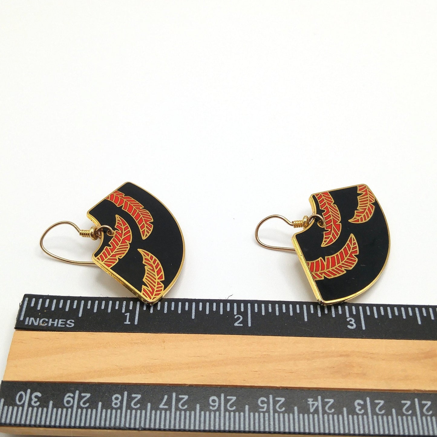Laurel Burch "Palm Leaves" Earrings, Red Black Enamel, Gold Plated, 1980s Vintage Jewelry