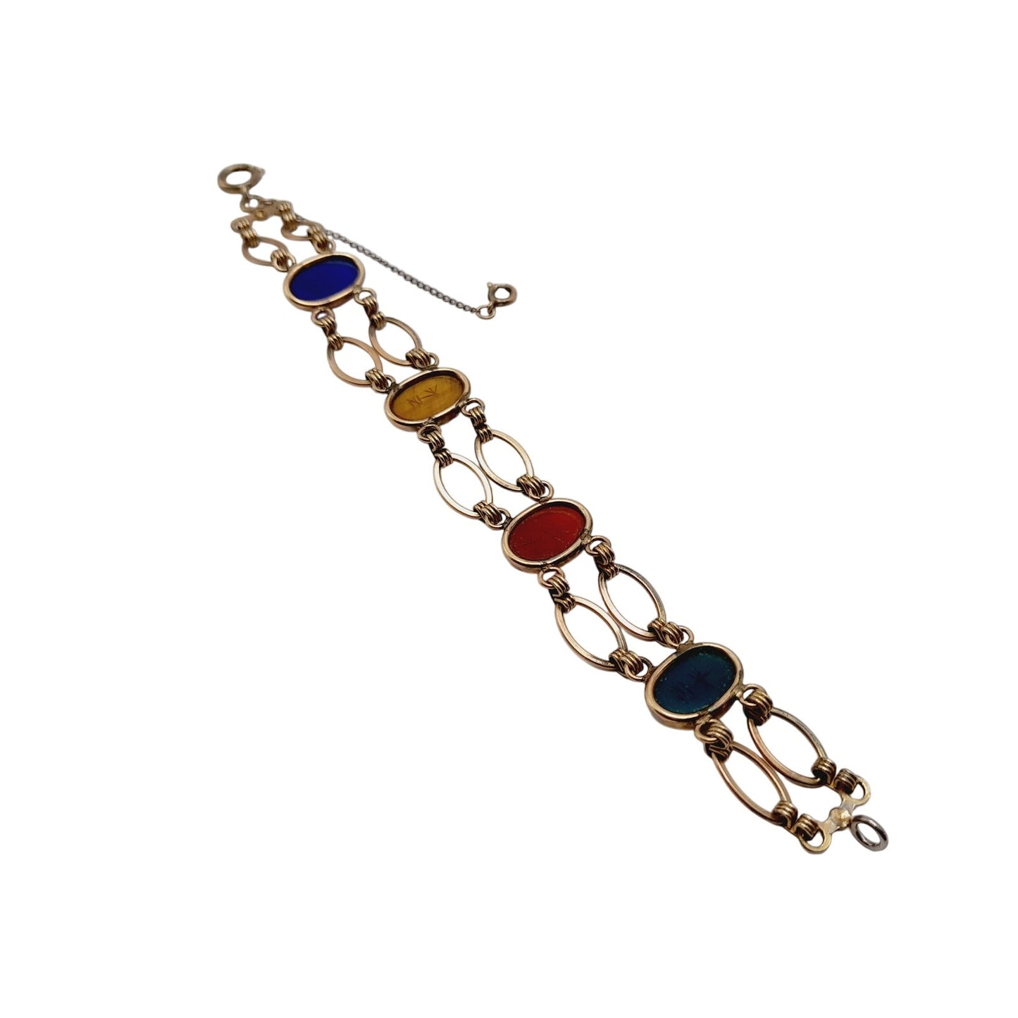 Vintage Scarab Four Gemstone Gold Tone Two Strand Bracelet, Egyptian Beetle Bug