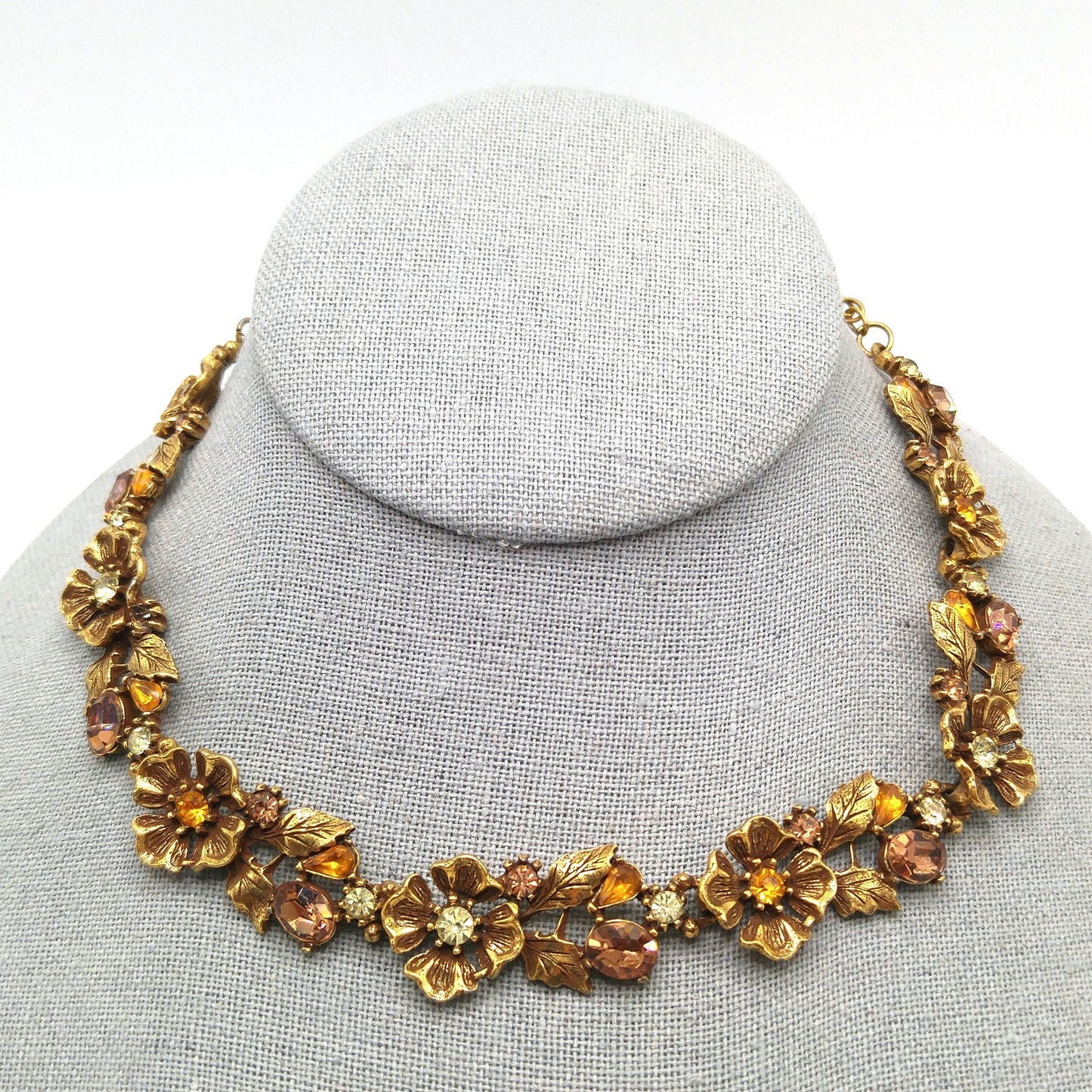 Topaz Rhinestone Floral Choker Necklace, Flower Links, 1960s Vintage Jewelry
