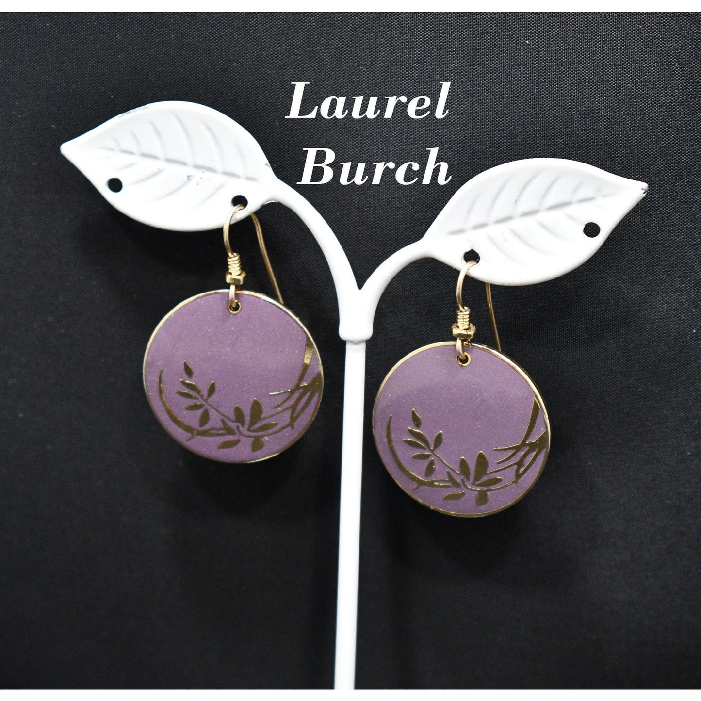 Vintage Laurel Burch Floral Gold Plated Earrings, Purple Enamel