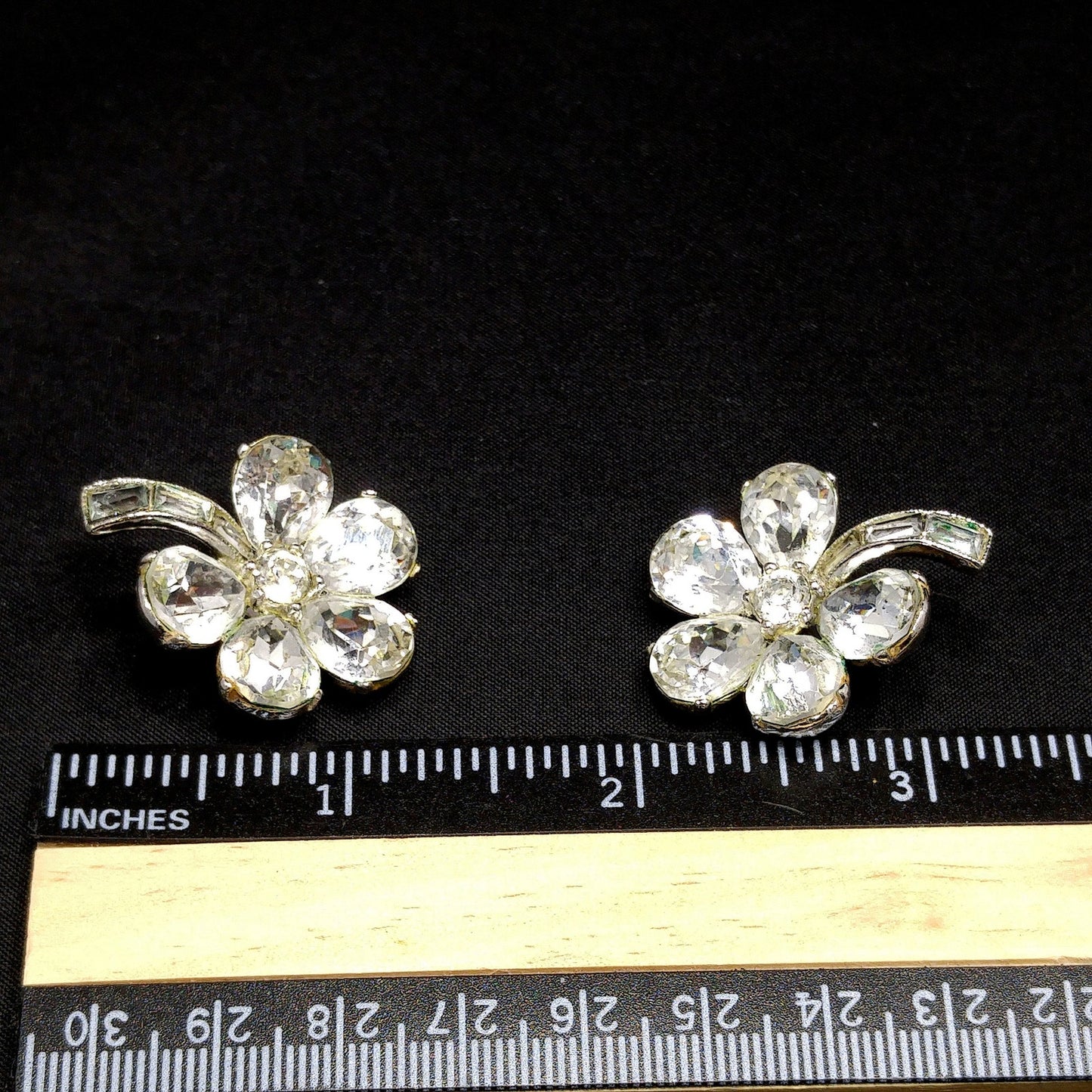 Bogoff Clear Rhinestone Floral Earrings, Rhodium Plated, Wedding Earrings, 1950s Vintage Jewelry