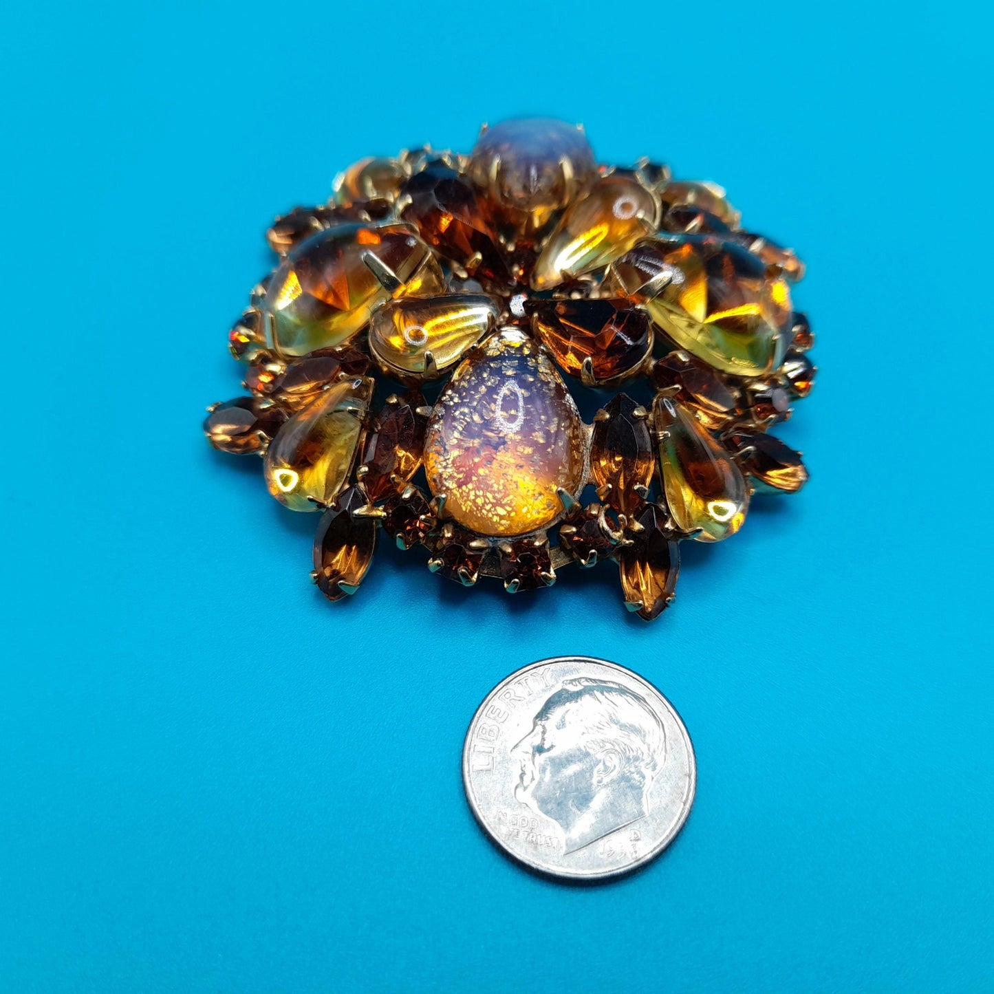 Vintage Weiss Brooch, Art Glass Cabochons, Gold Plated, 1960s Jewelry