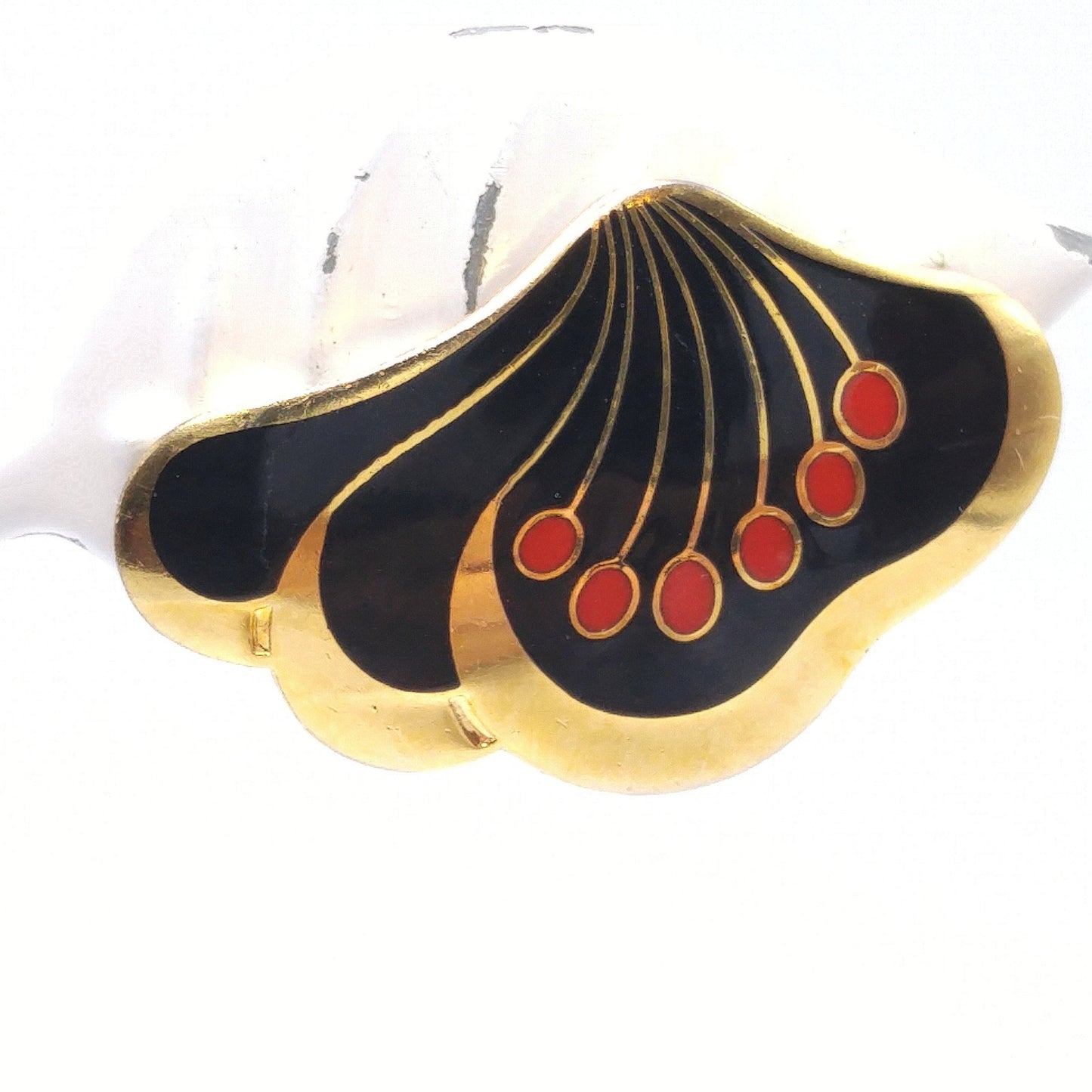 Laurel Burch "Le Fleur" Clip Earrings, Black Red Enamel, Gold Plated, 1980s