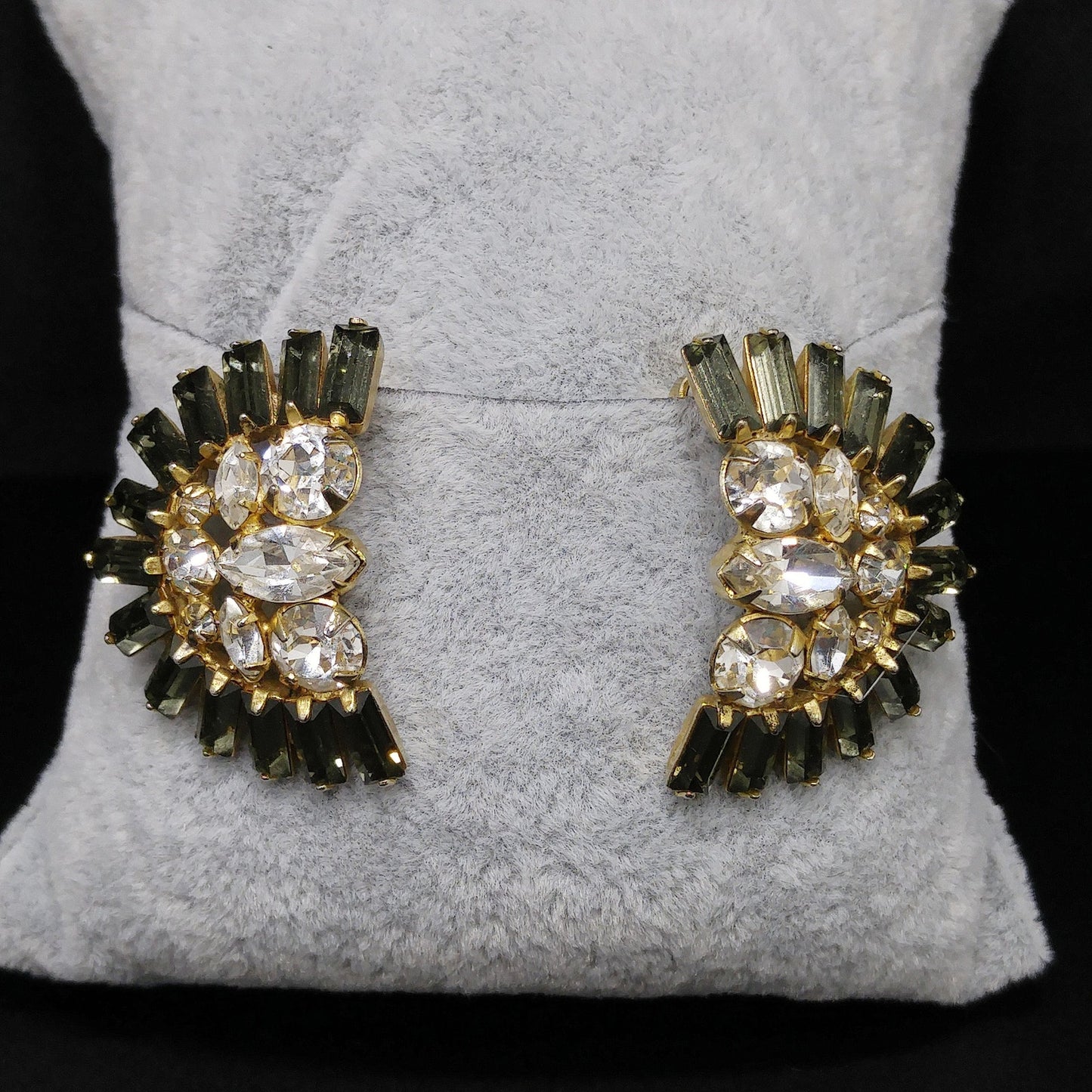 Hobe' Rhinestone Clip Earrings, Clear & Gray Rhinestones, Gold Plated, 1950s Vintage Jewelry