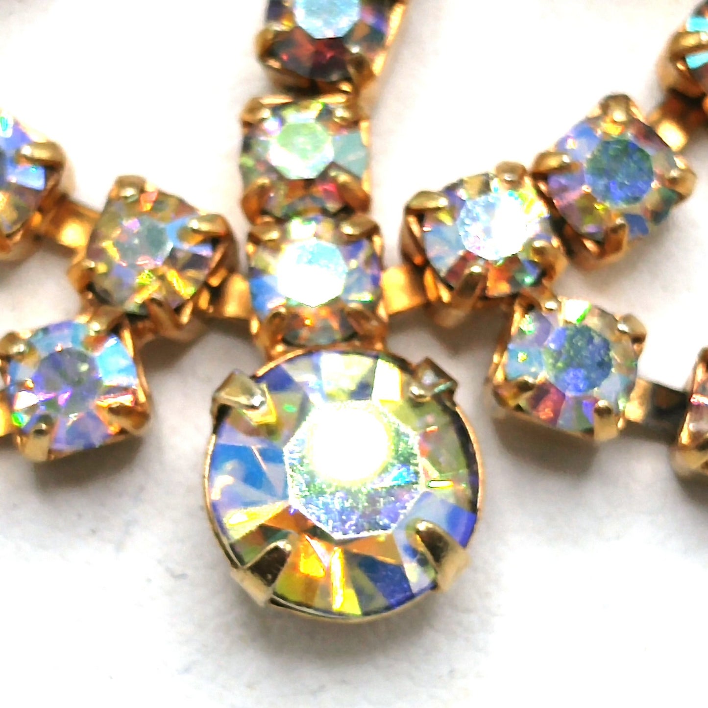 Aurora Borealis Rhinestone Choker Necklace, Gold Plated, 1960s Vintage Jewelry