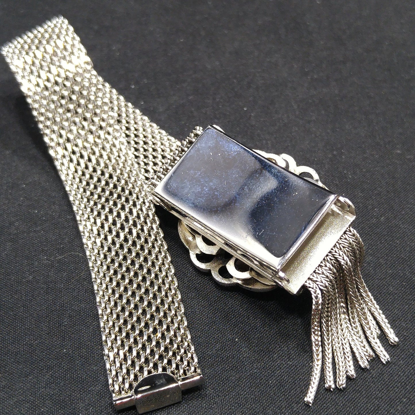 Whiting & Davis Co. Mesh Glitter Glass Bracelet, Adjustable Slide Clasp, 1950s Vintage Jewelry