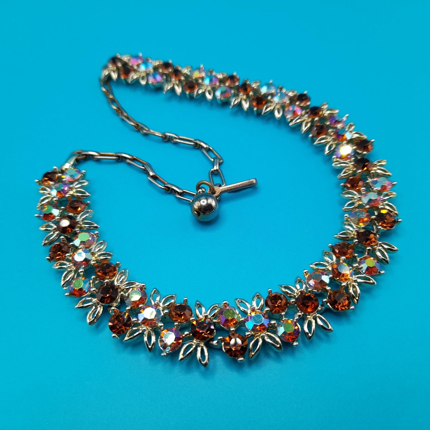Vintage Topaz Aurora Borealis Choker Necklace, Gold Tone, 1960s, 16"