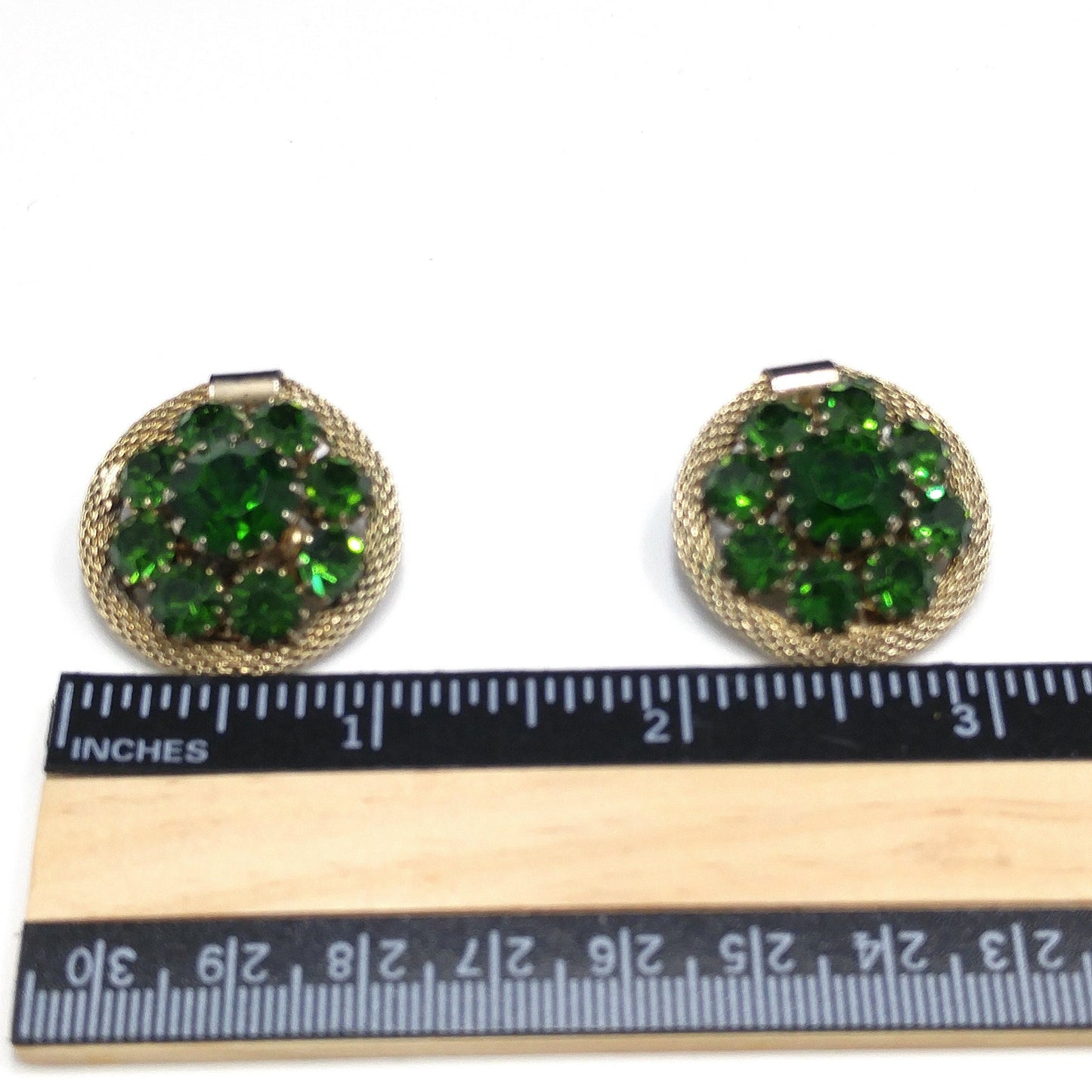 Weiss Green Rhinestone Gold Mesh Earrings, Emerald Green, Gold Plated, 1950s Vintage Jewelry