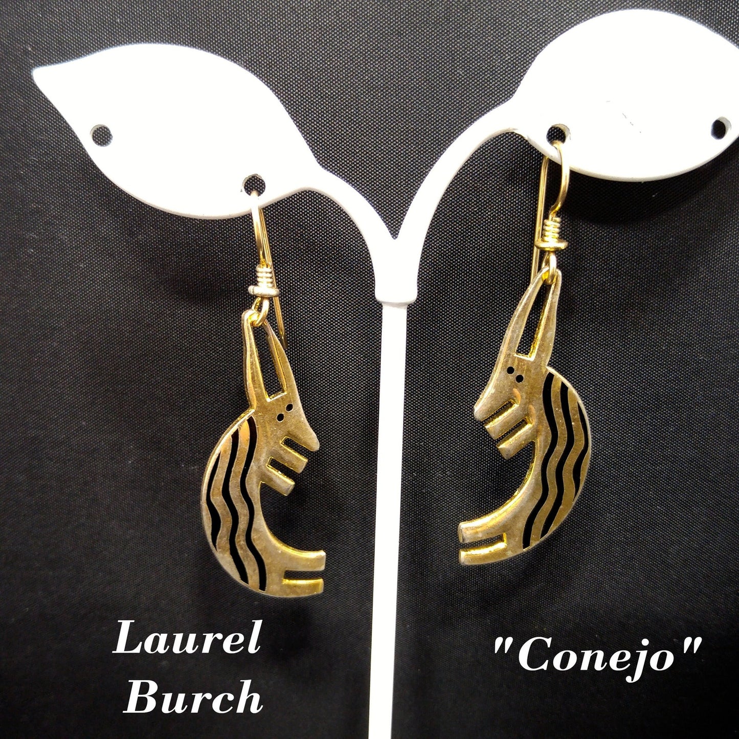 Laurel Burch "Conejo" Rabbit Dangle Earrings, Striped Black Enamel, 1980s Vintage Jewelry