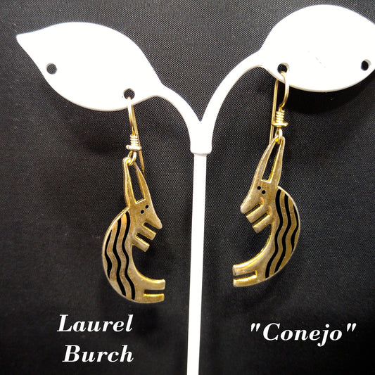 Laurel Burch "Conejo" Rabbit Dangle Earrings, Striped Black Enamel, 1980s Vintage Jewelry