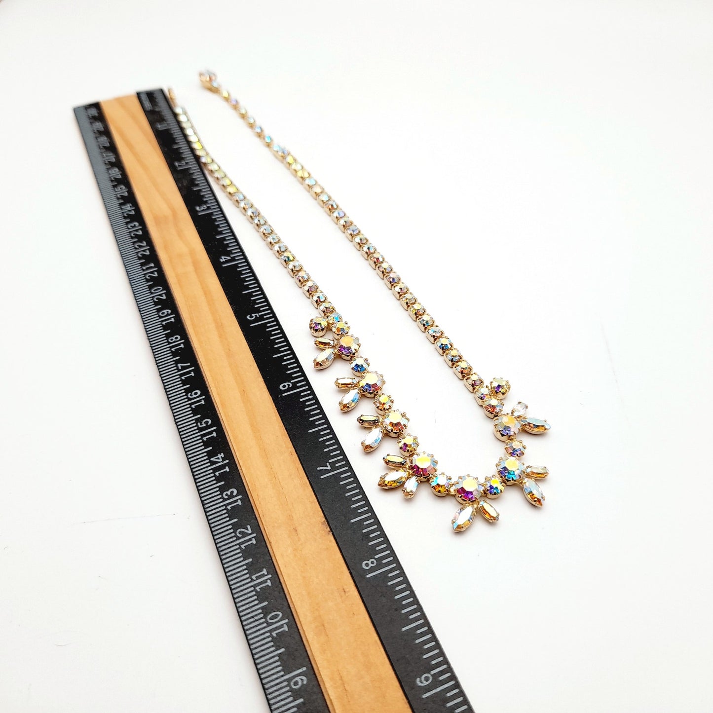 Vintage Sherman Aurora Borealis Rhinestone Gold Plated Choker Necklace, 1960s