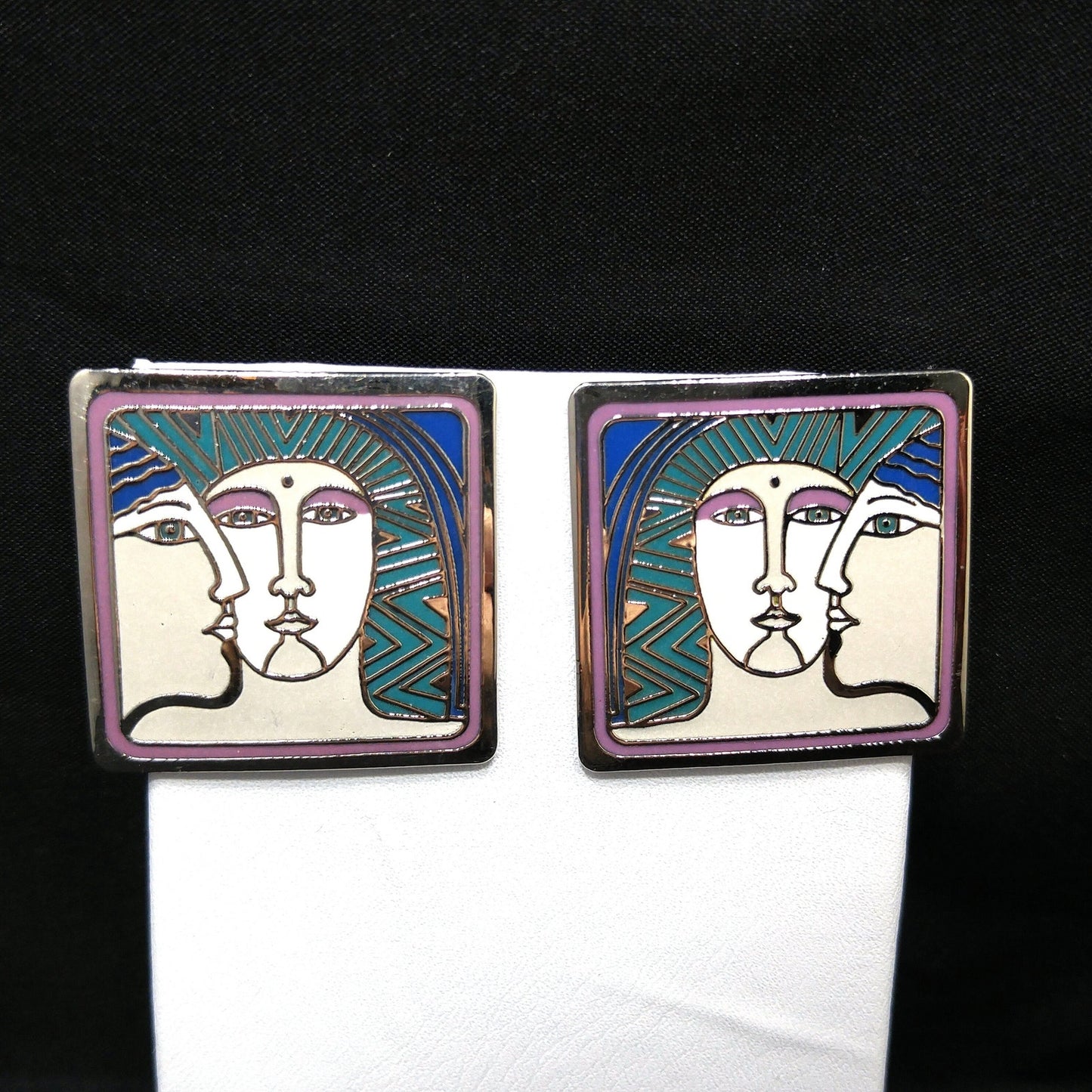 Vintage Laurel Burch "Ancient Ancestors" Post Earrings, Rhodium Plated