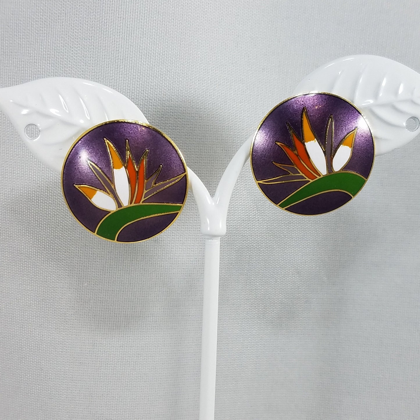 Vintage Laurel Burch Bird of Paradise Post Earrings Gold Cloisonne Enamel