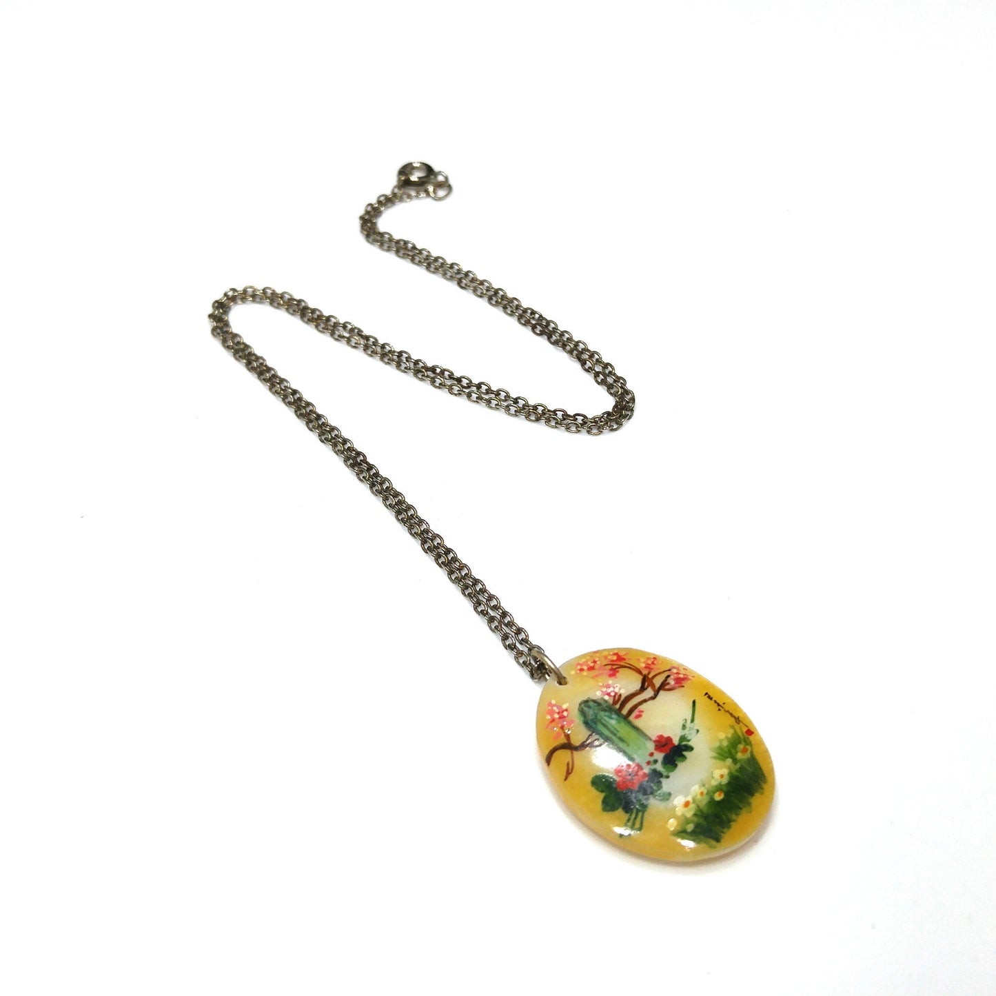 Vintage Asian Hand Painted Shell Pendant, Cherry Blossoms, 1960s Vintage Jewelry