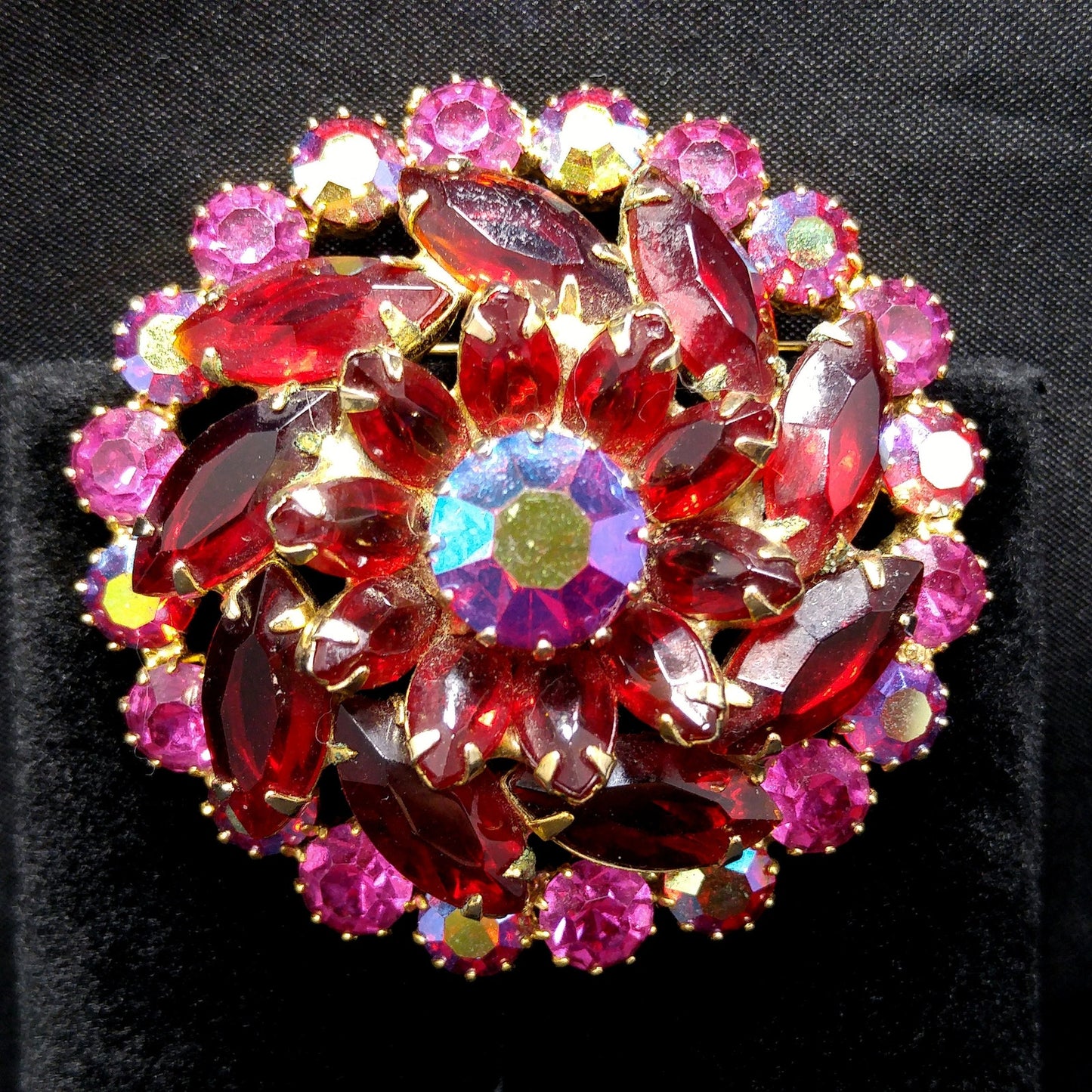 Red & Pink Rhinestone Brooch, Gold Plated, 1960s Vintage Jewelry