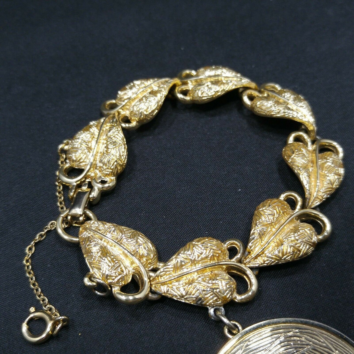 Coro Pegasus Heart Leaf Bracelet, Engravable Charm, Gold Plated, 1950s Vintage Jewelry