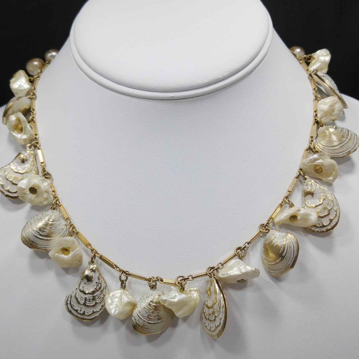 Sea Shell & Faux Pearl Charm Necklace, Gold Tone Chain, 1950s Vintage Jewelry