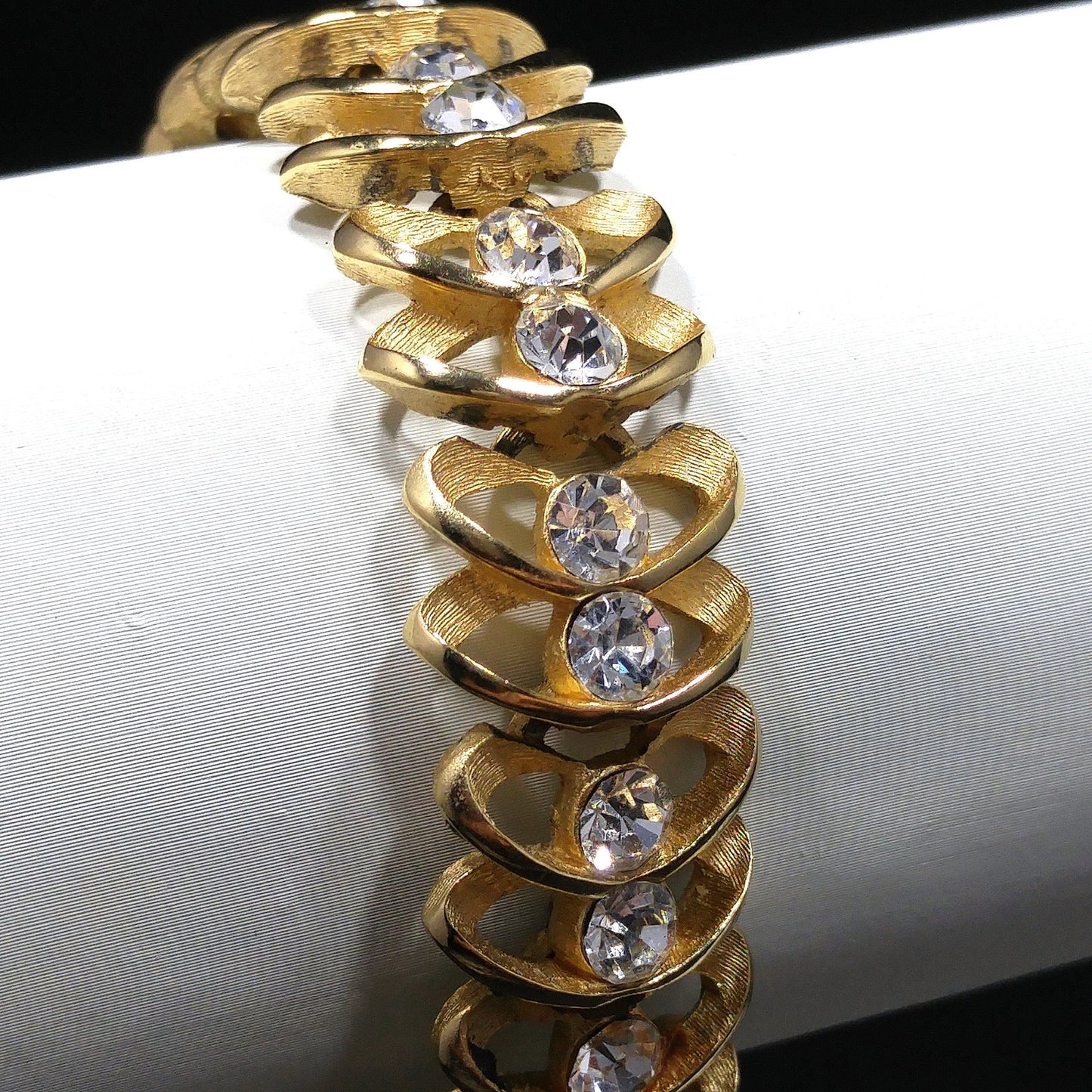 Crown Trifari Clear Rhinestone Bracelet, Gold Plated, 1960s Vintage Jewelry