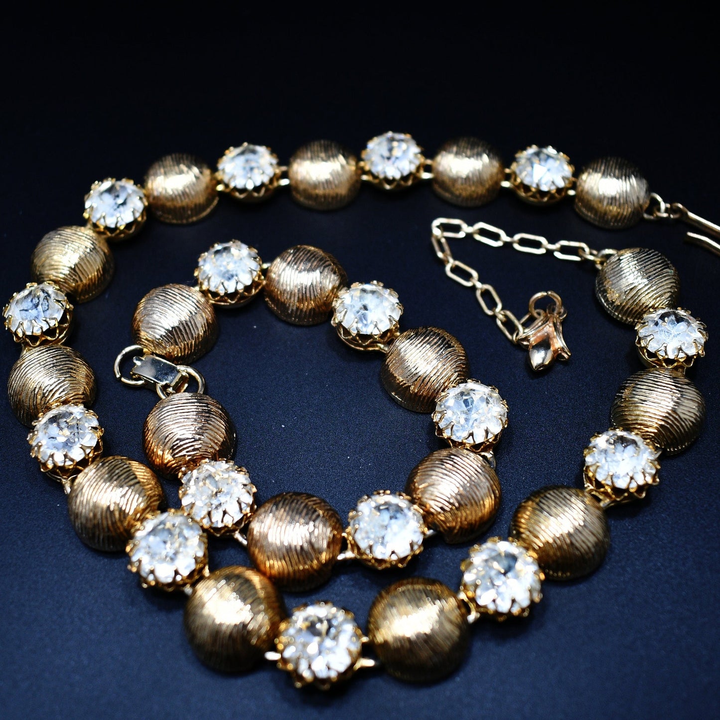 Kramer Necklace & Bracelet Set, Gold Plated, Headlight Diamante Rhinestones, 1960s Vintage Jewelry