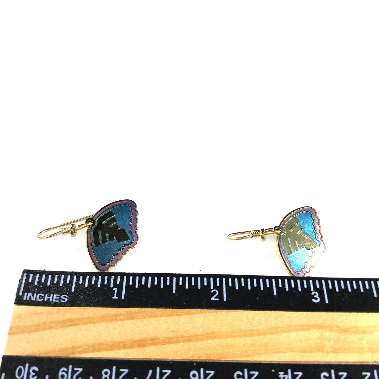 Vintage Laurel Burch Teal & Purple Enamel Drop Earrings, Gold Plated