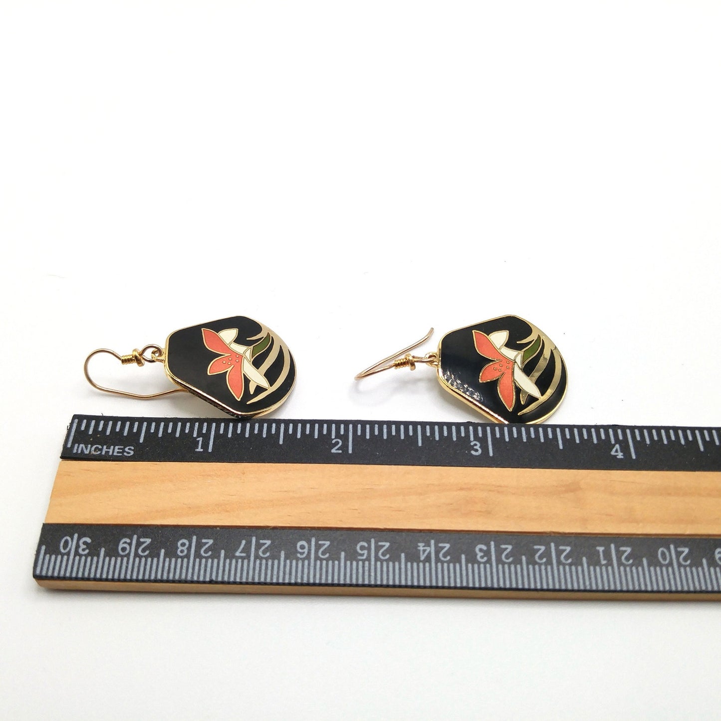 Vintage Laurel Burch Orange Lily Earrings, Cloisonne Enamel, Gold Plated, 1980s