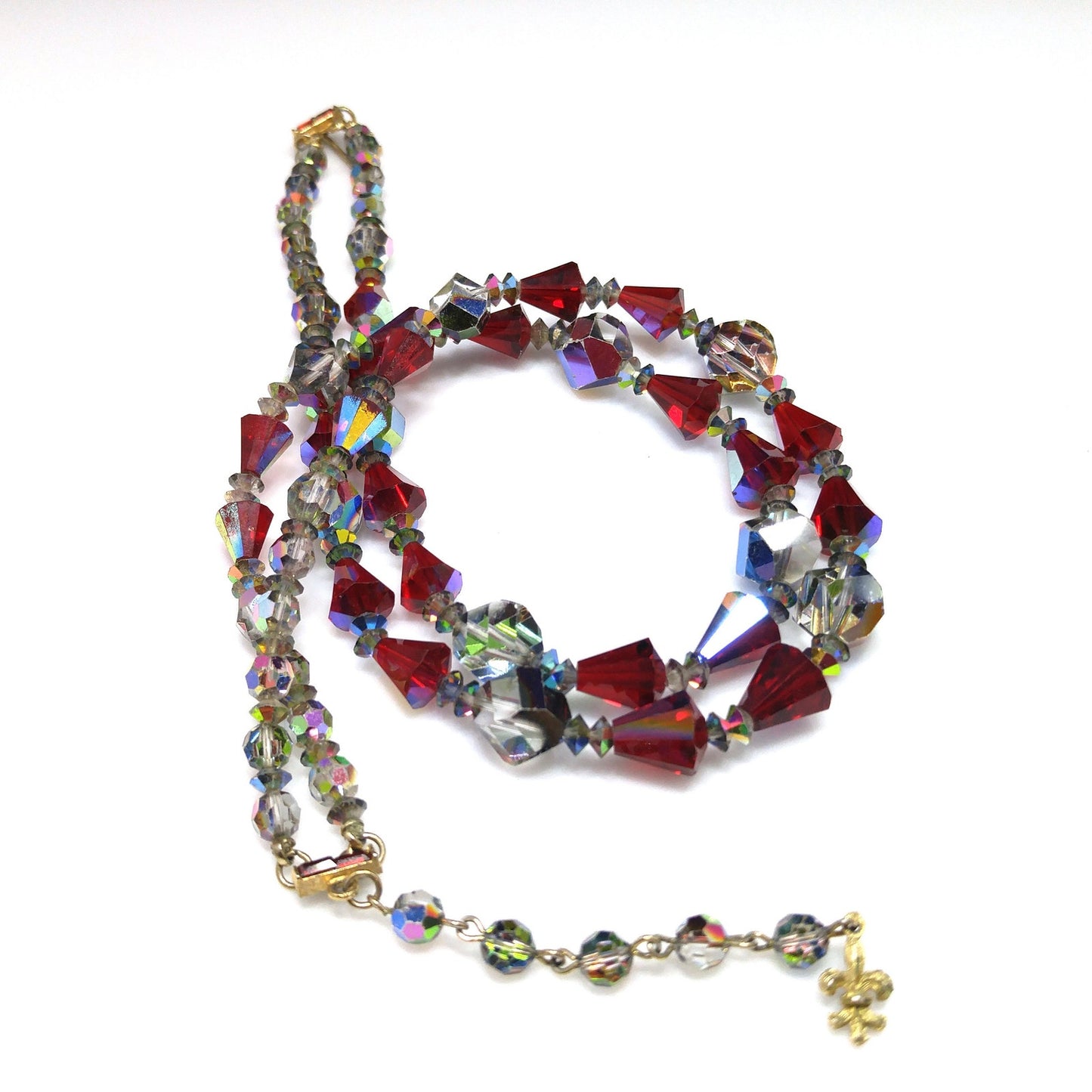 Vendome Red Crystal Two Strand Necklace, Aurora Borealis, 1960s Vintage Jewelry