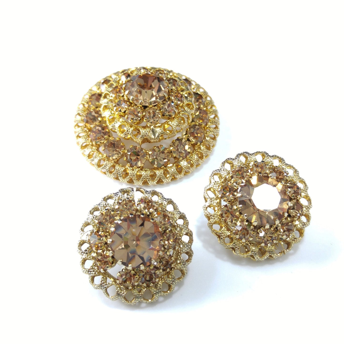 Vintage Austrian Crystal Light Topaz Domed Brooch Earrings Set, Gold Plated 1950s Vintage Jewelry