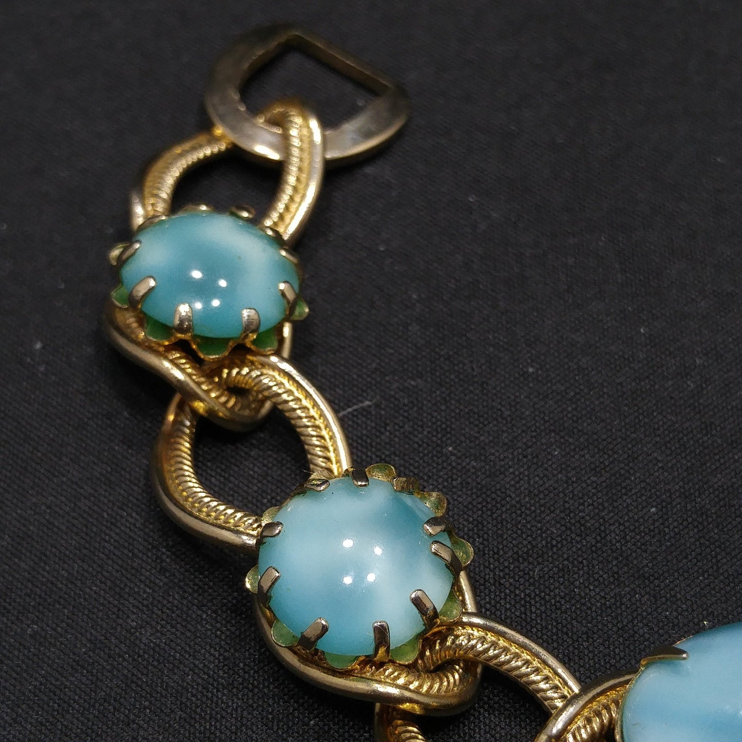 Mid-century Turquoise Art Glass Cabochon Bracelet, Gold Tone, 1950s Vintage Jewelry
