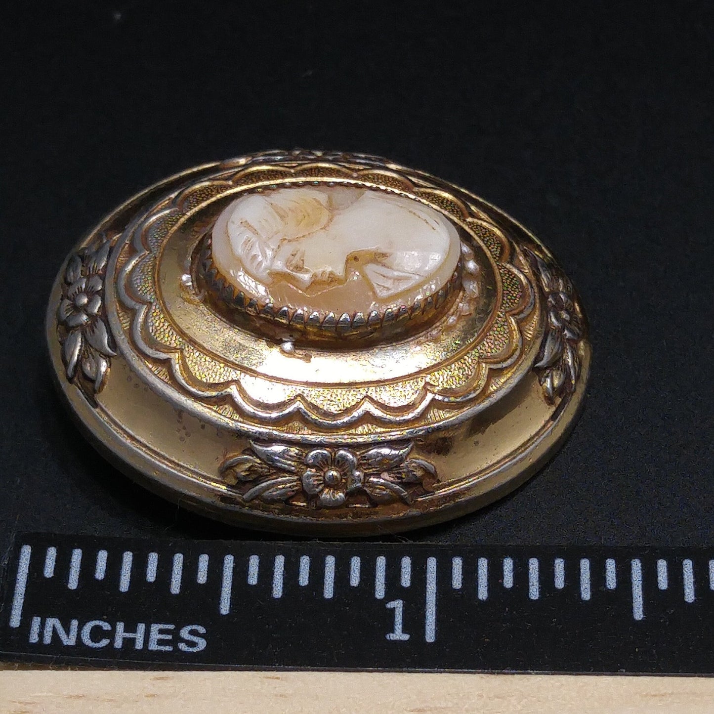 Coro Shell Carved Cameo Brooch, Gold Over Silver, 1950s Vintage Jewelry