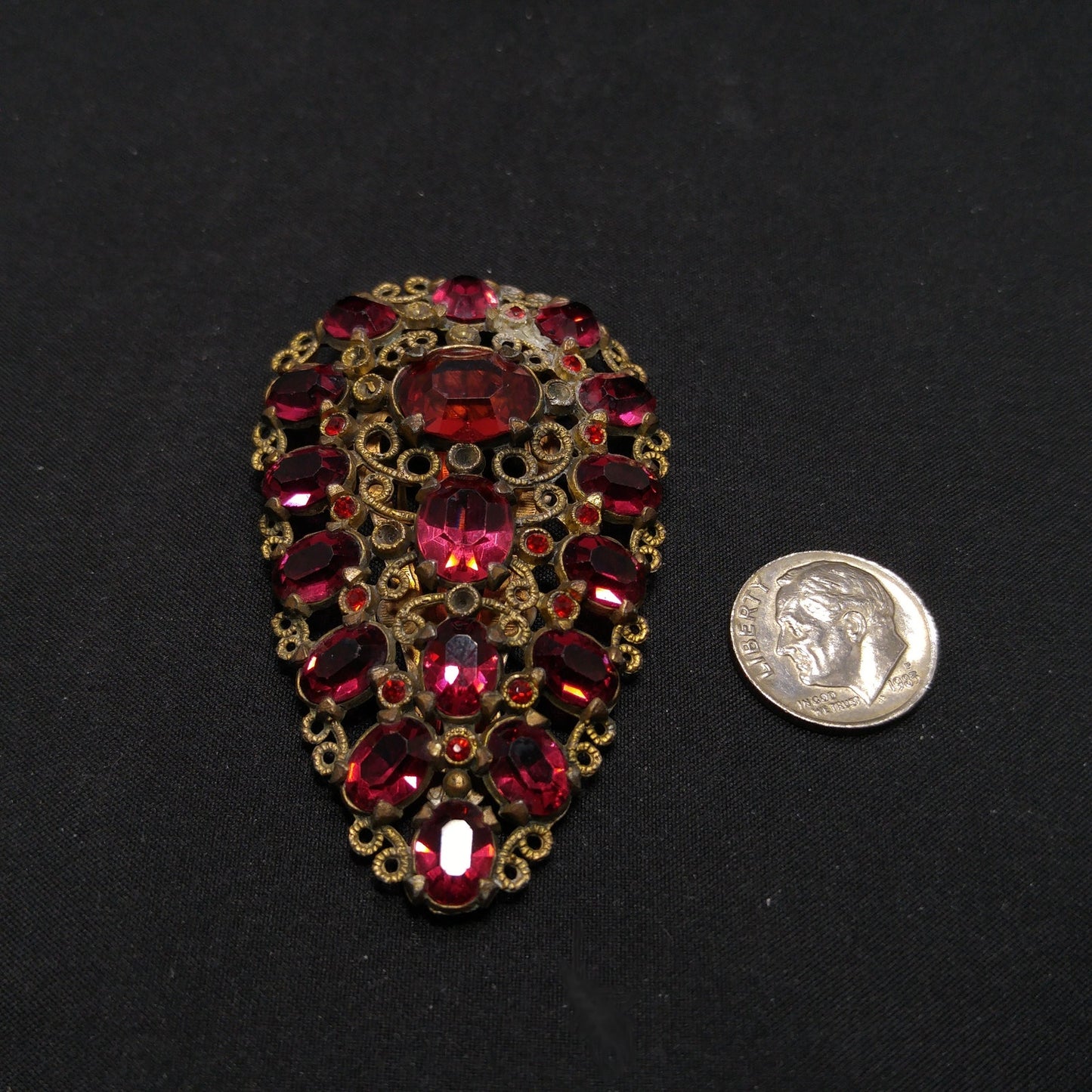 Antique Red Rhinestone Filigree Dress Clip, 1920s Vintage Jewelry