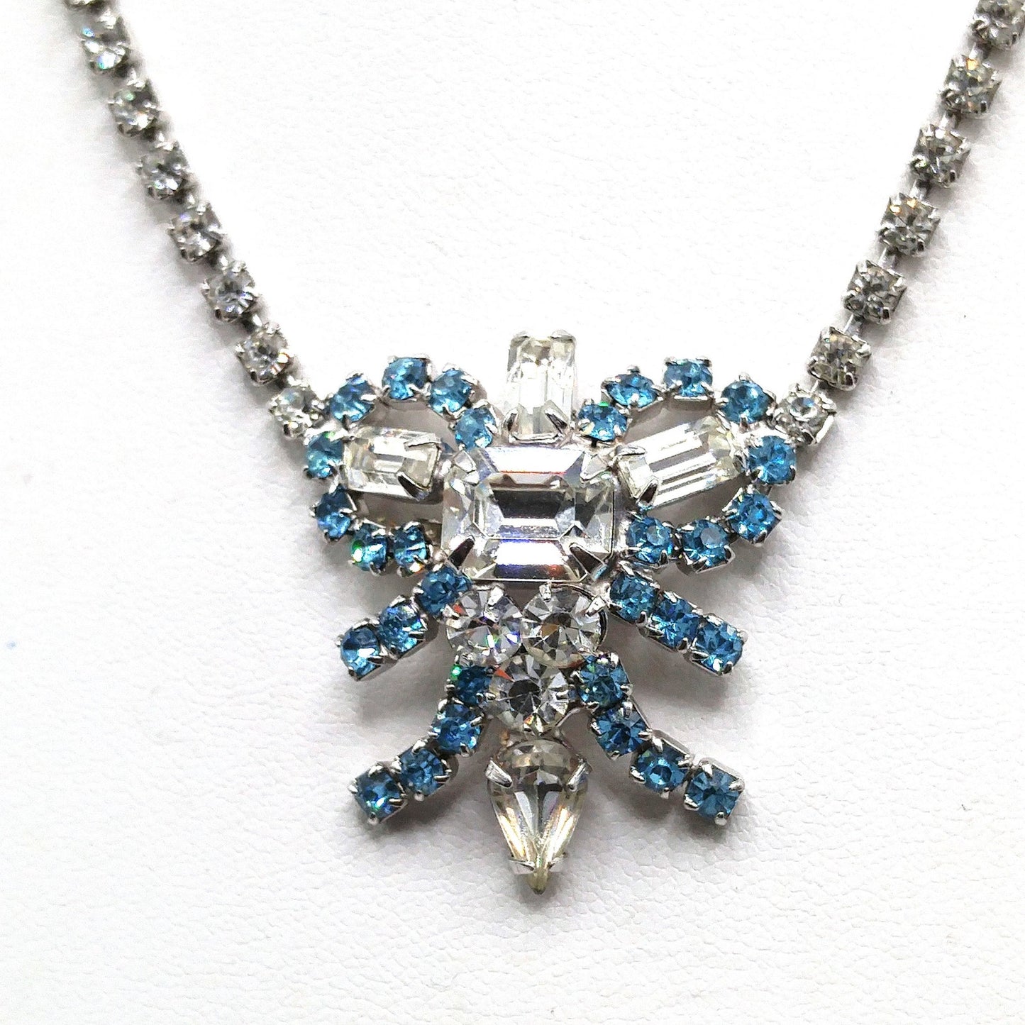 Mid-Century Turquoise Blue Clear Rhinestone Choker Necklace, Rhodium Plated, 1960s Vintage Jewelry