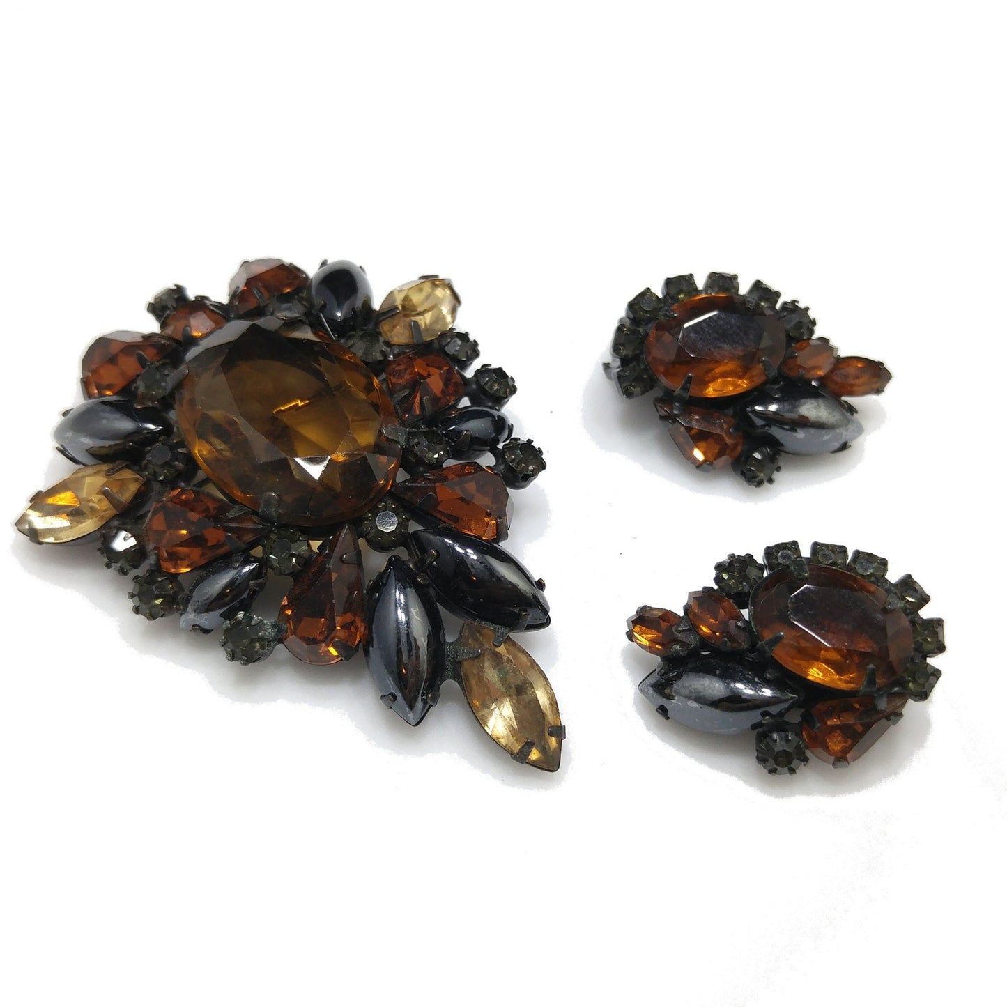 Vintage Weiss Japanned Topaz Rhinestone Brooch & Earrings