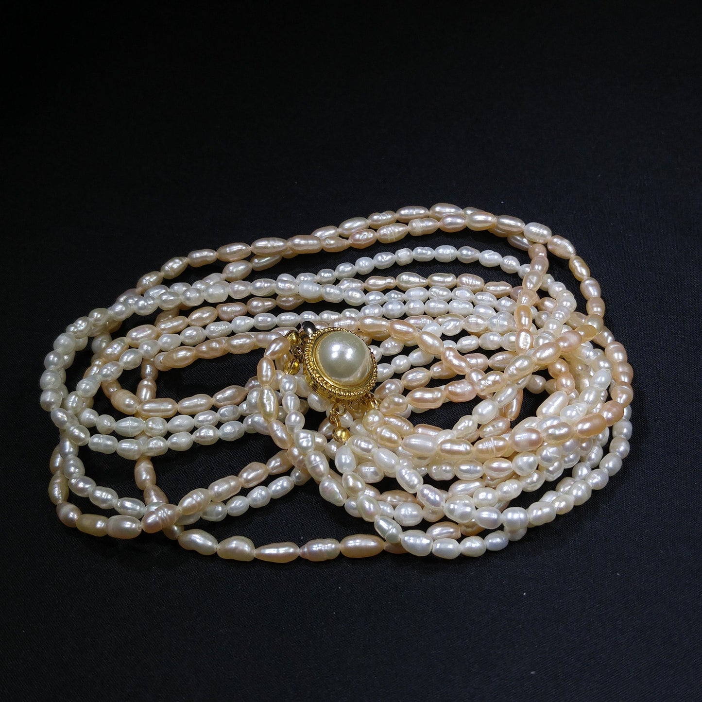 Fresh Water Pearl Necklace, 6 Strands, Silver Gold Plated Clasp, 1980s Vintage Jewelry