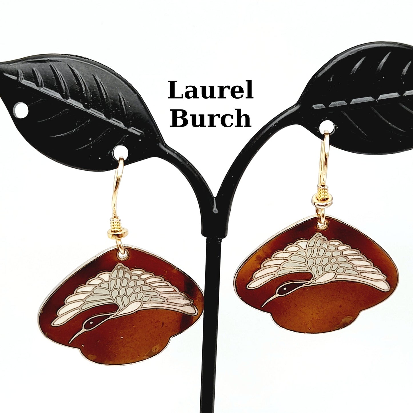 Laurel Burch White Crane Earrings, Vintage Enamel Bird Jewelry, Gold Plated Dangle Earrings, 1980s Artistic Statement Jewelry