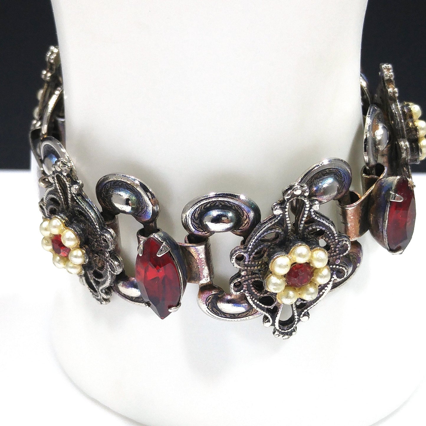 Victorian Red Rhinestone Book Chain Bracelet, Faux Pearl Flowers, 1940s Vintage Jewelry