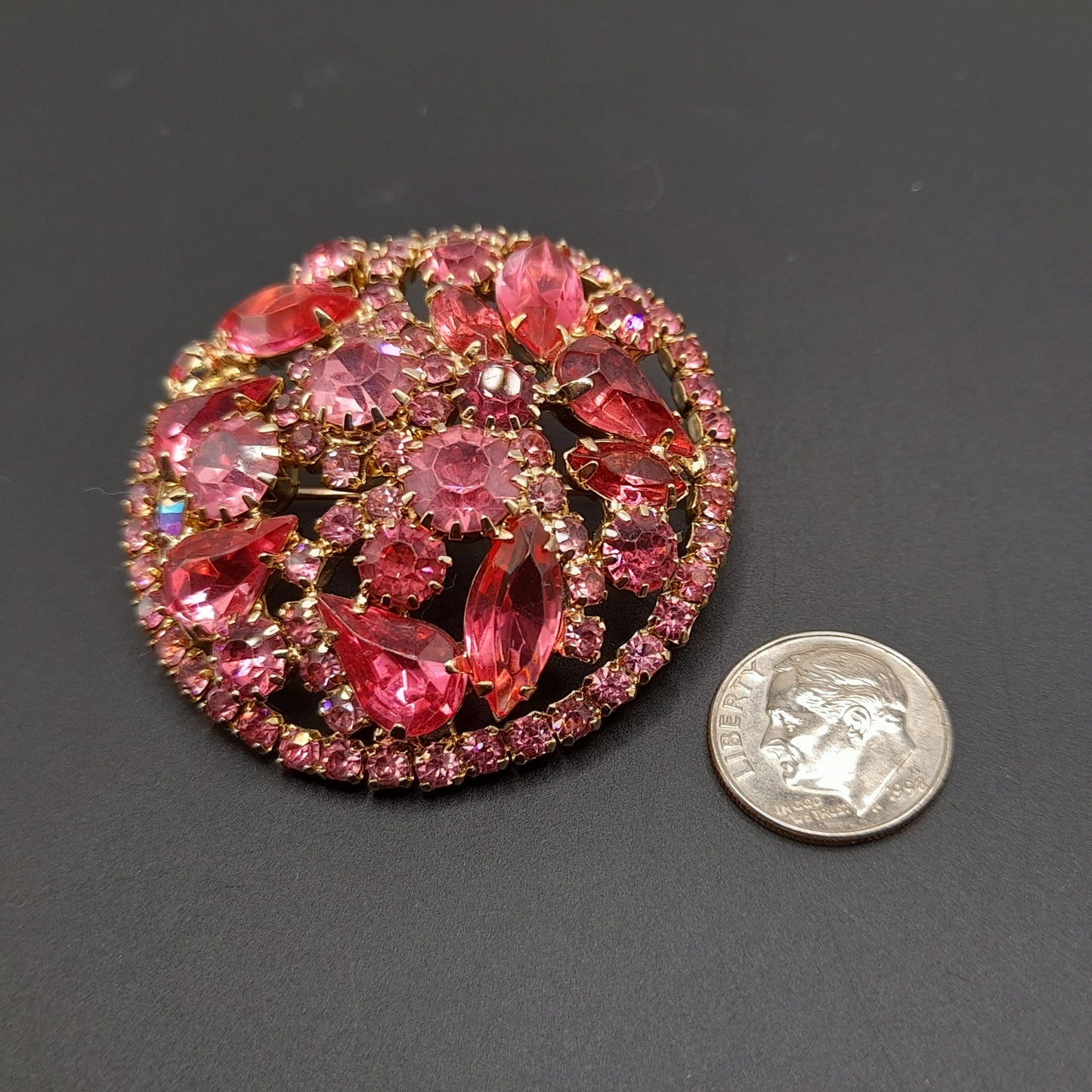 Vintage Unsigned Weiss Pink Rhinestone Brooch, Gold Plated, 1960s