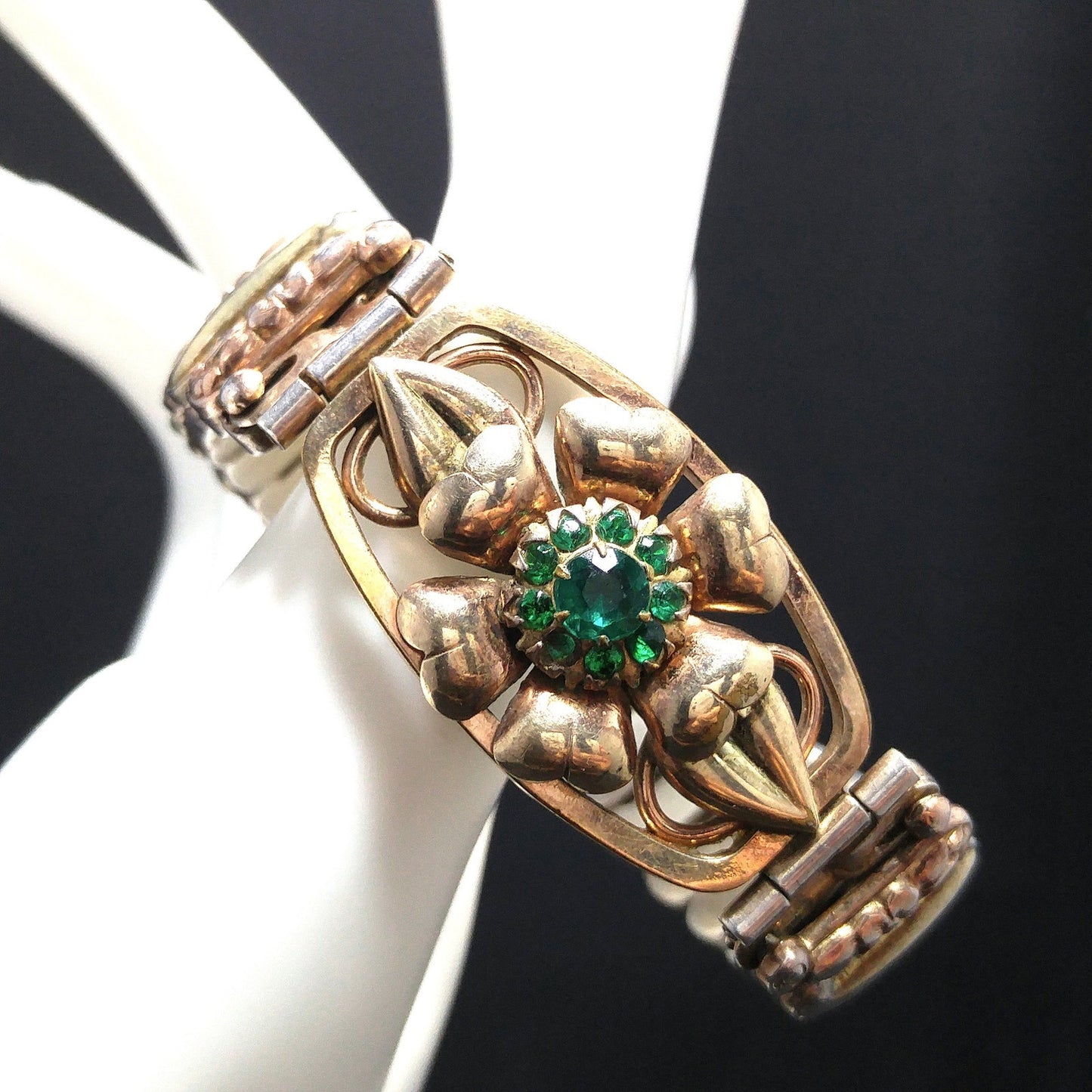 Antique Lustern Expansion Bracelet, 12KGF Sterling, Green Rhinestones, 1920s Vintage Jewelry