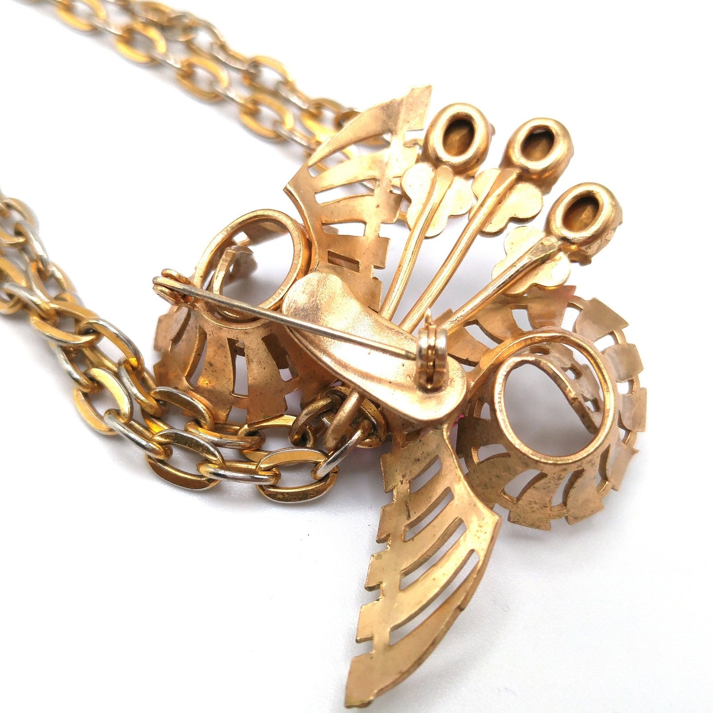 Pink Rhinestone Brooch Pendant Necklace, Gold Plated Pendant Brooch Combo, 1940s Vintage Jewelry