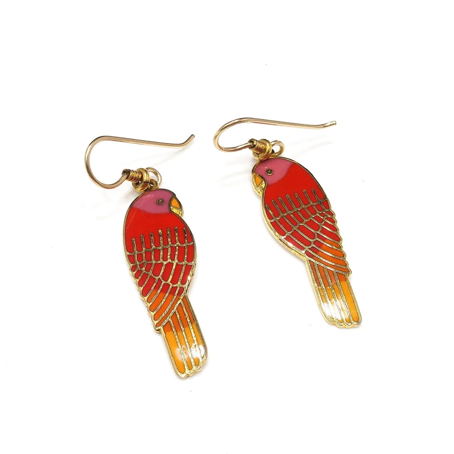 Laurel Burch "Lorikeets" Earrings, Gold Plated Cloisonne & Enamel, 1980s Vintage