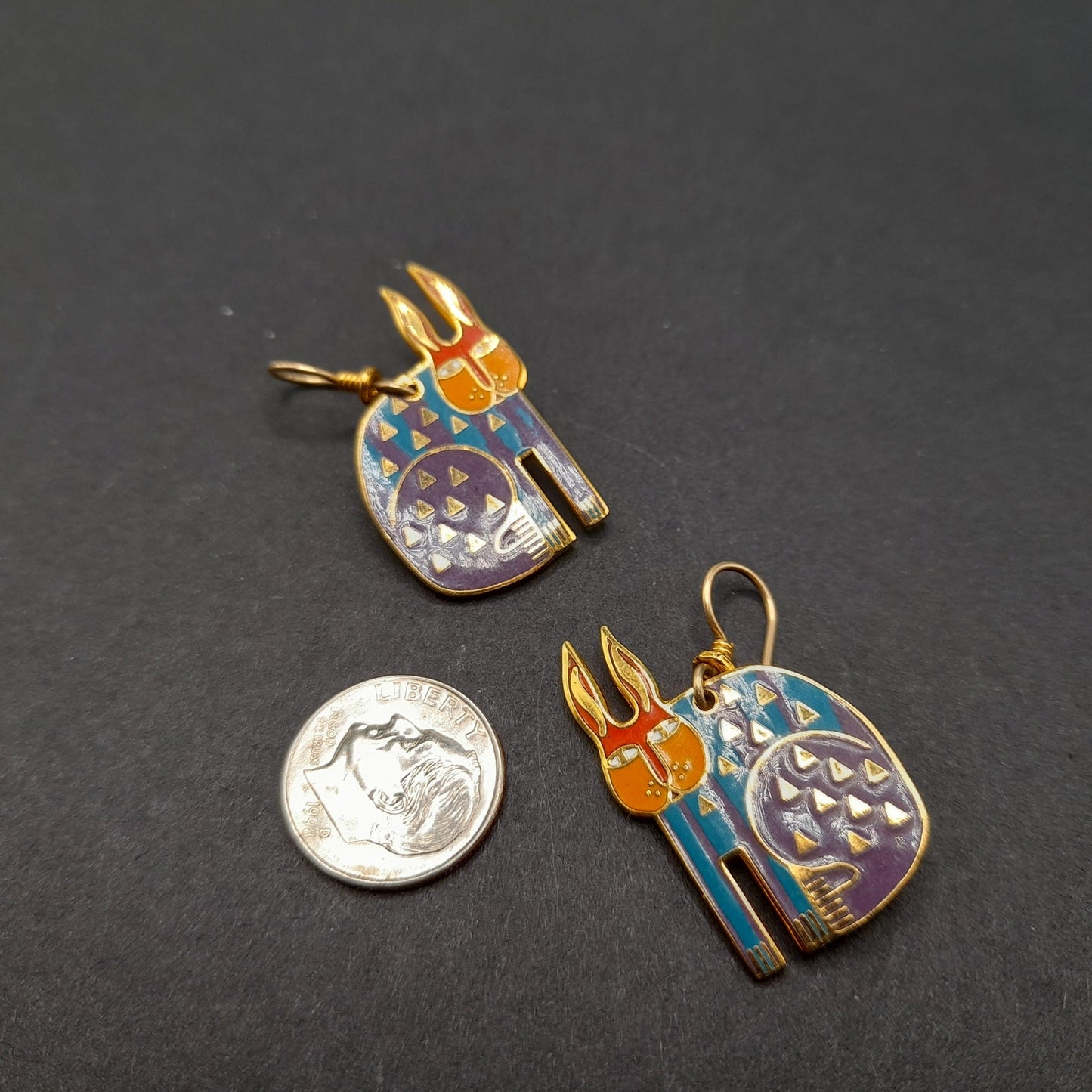 Laurel Burch "Rabbit For Ross" Earrings, Enamel Cloisonne Gold Plated, 1980s