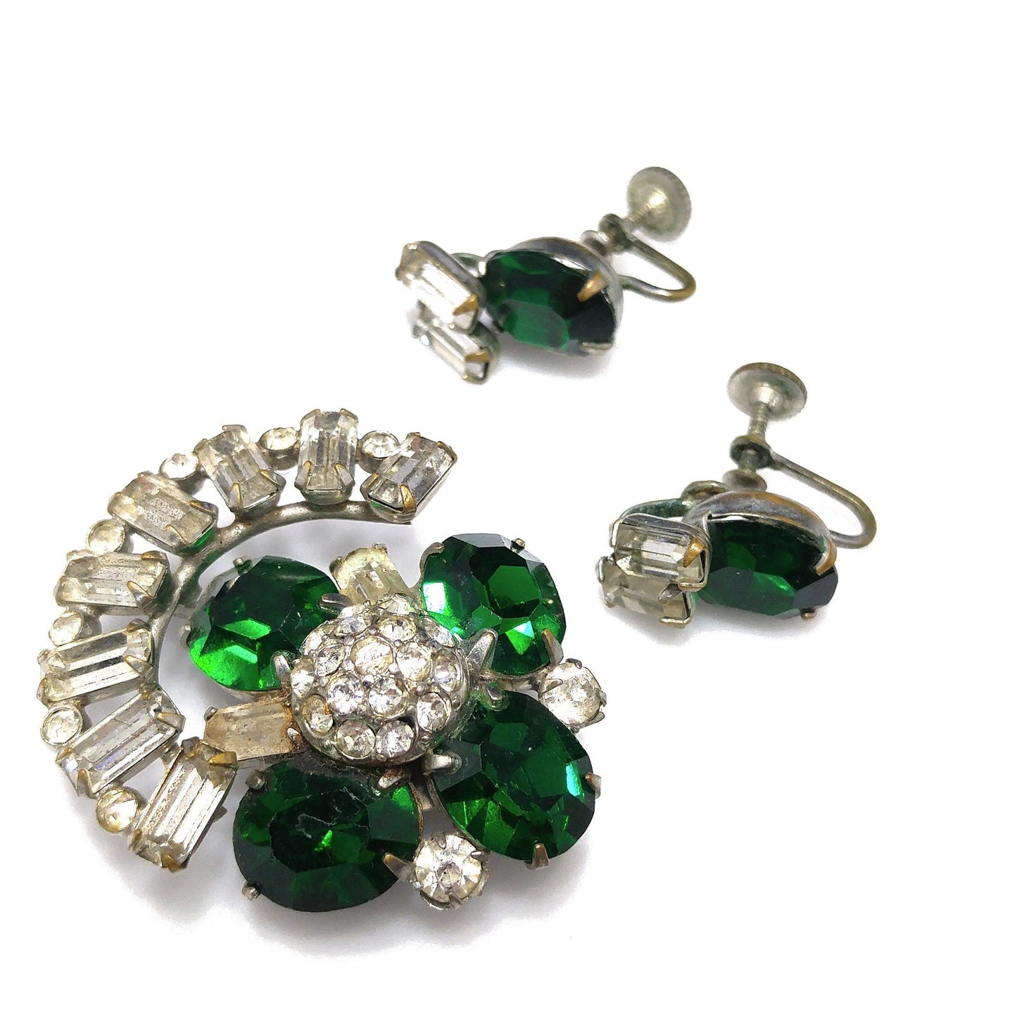 Vintage Green Clear Pendant Brooch Screw-back Earrings, 1940s Vintage Jewelry