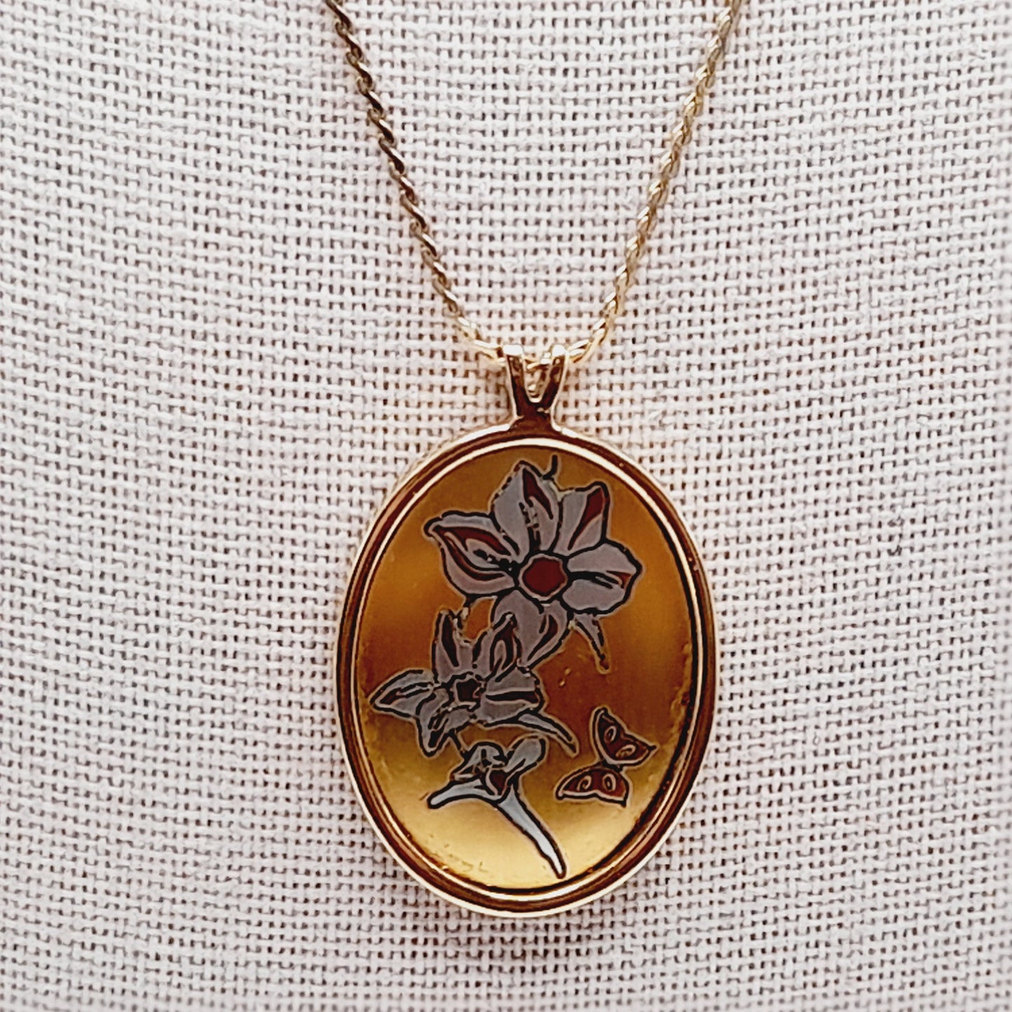 Vintage Reed & Barton Damascene July Larkspur Pendant Necklace Floral Birth Flower