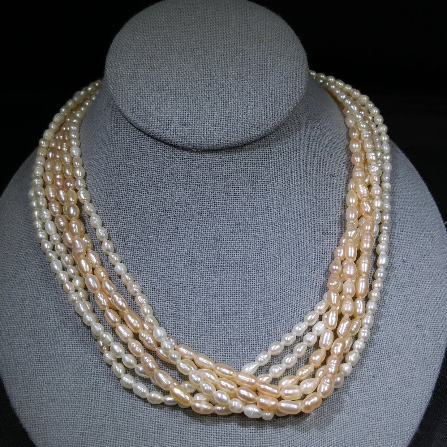 Fresh Water Pearl Necklace, 6 Strands, Silver Gold Plated Clasp, 1980s Vintage Jewelry