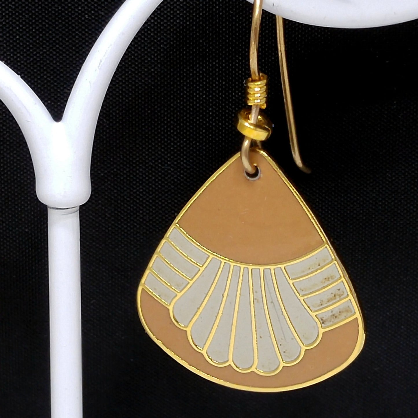Vintage Laurel Burch Waterfall Earrings, Gold Plated, Beige & Gray Enamel