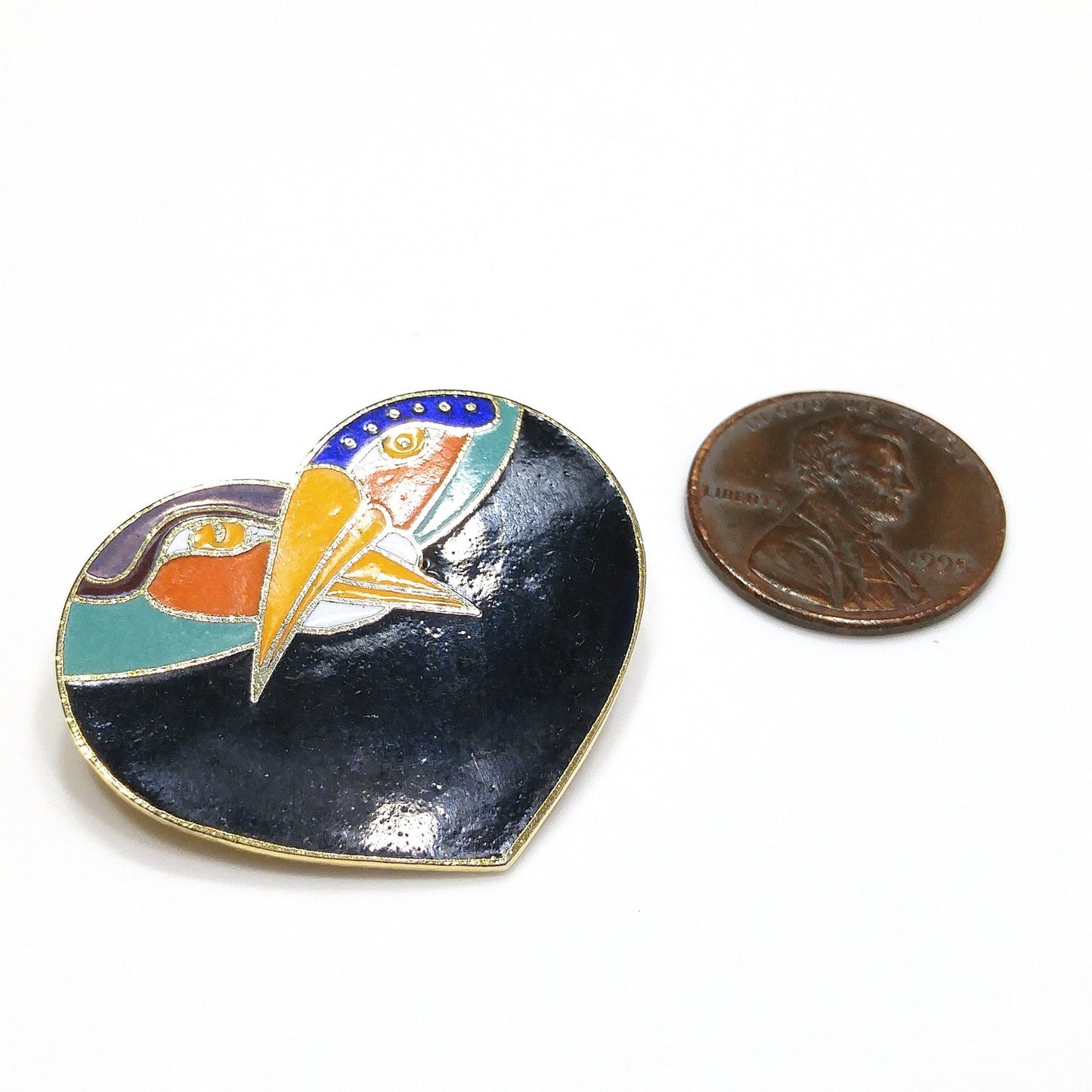 Laurel Burch Two Bird Heart Brooch, Gold Plated Cloisonne, 1980s Vintage Jewelry