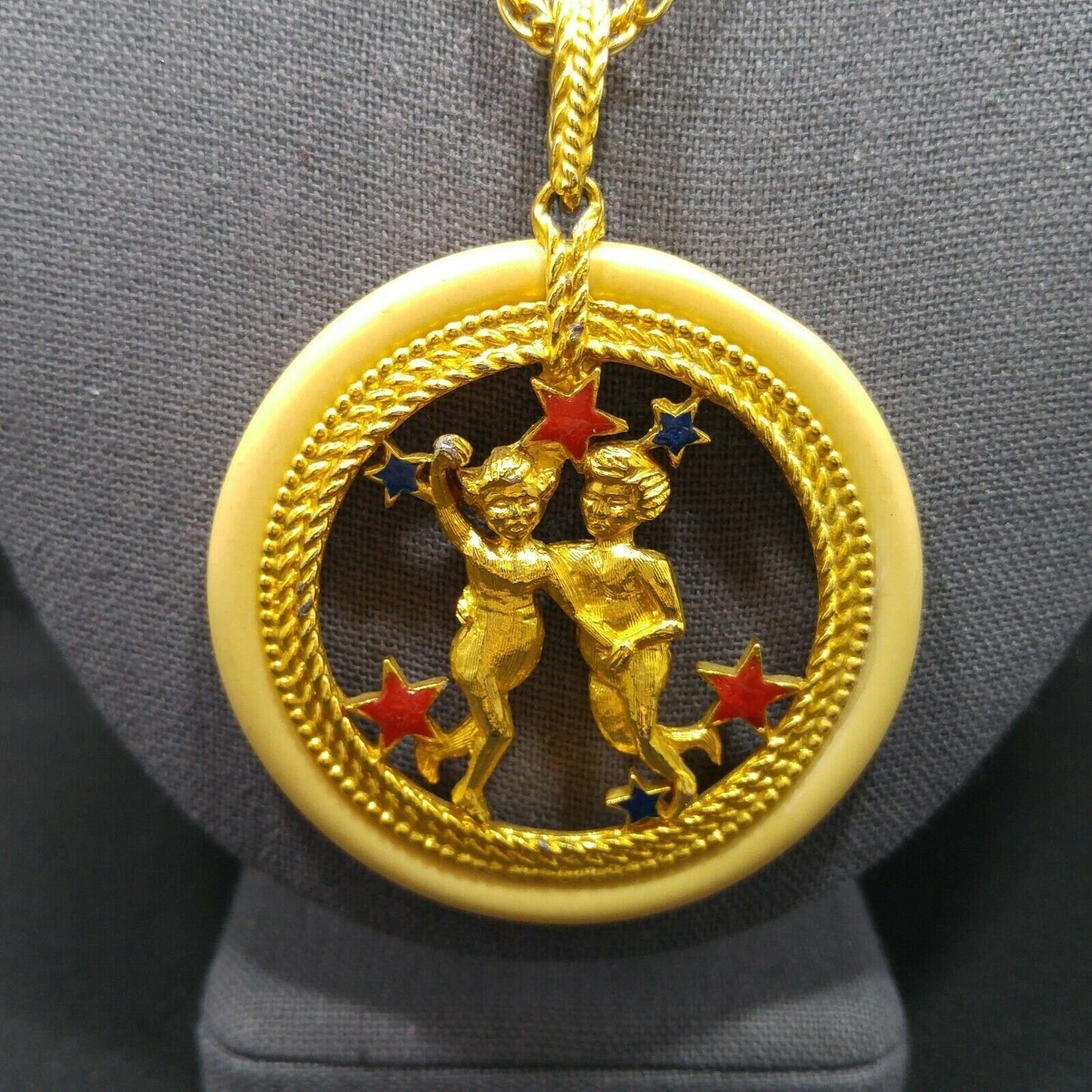 Vintage Zodiac Gemini Enamel Lucite Pendant Necklace, Original Tag, 1960s Vintage Jewelry