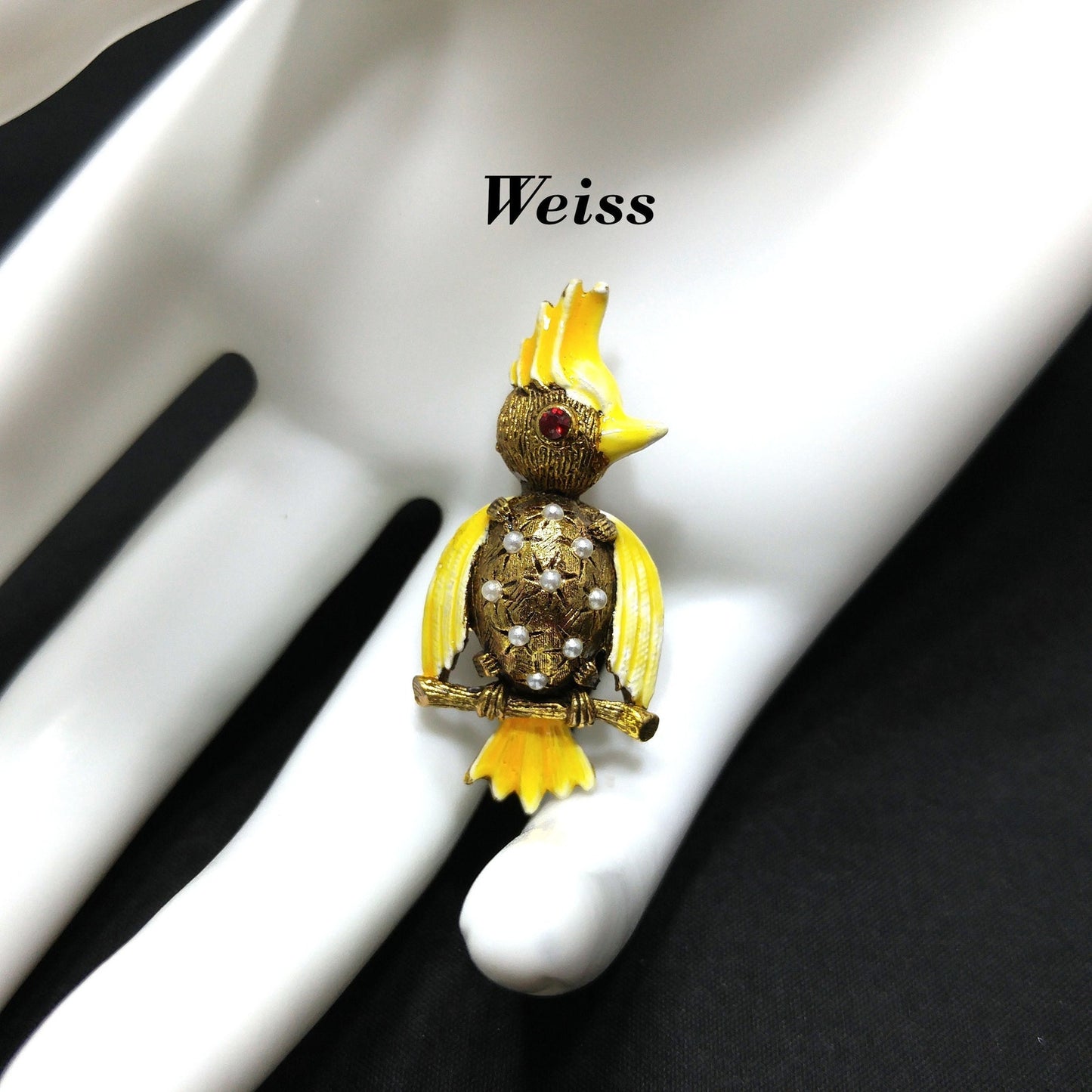 Vintage Weiss Yellow Enamel Bird Brooch, Faux Pearls, 1940s